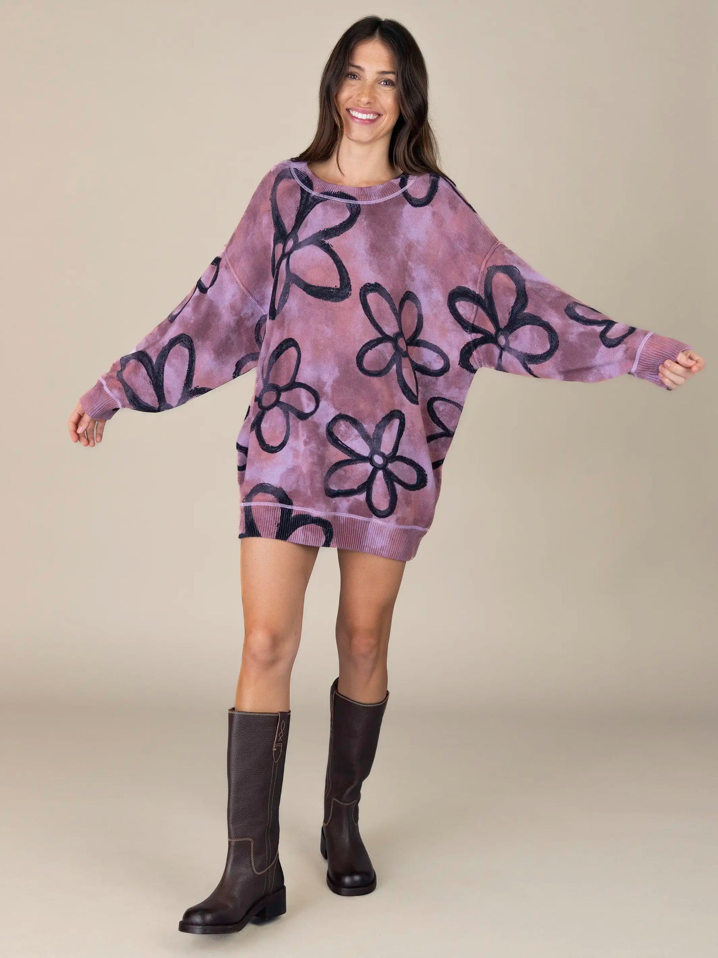 Taylor Oversized Cotton Sweater - Plum Flower Tie-Dye