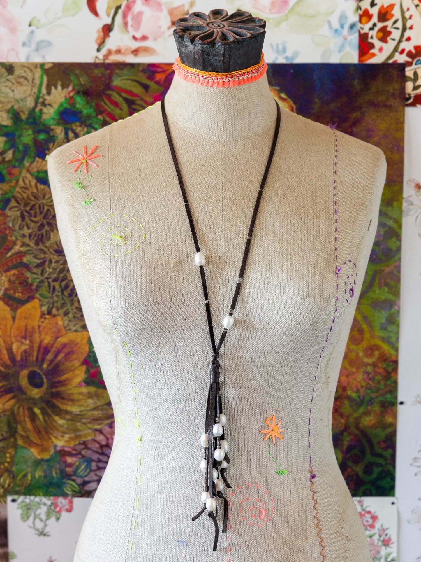 Real Pearl & Leather Tassel Necklace - Long White