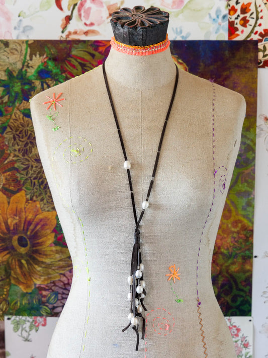 Real Pearl & Leather Tassel Necklace - Long White