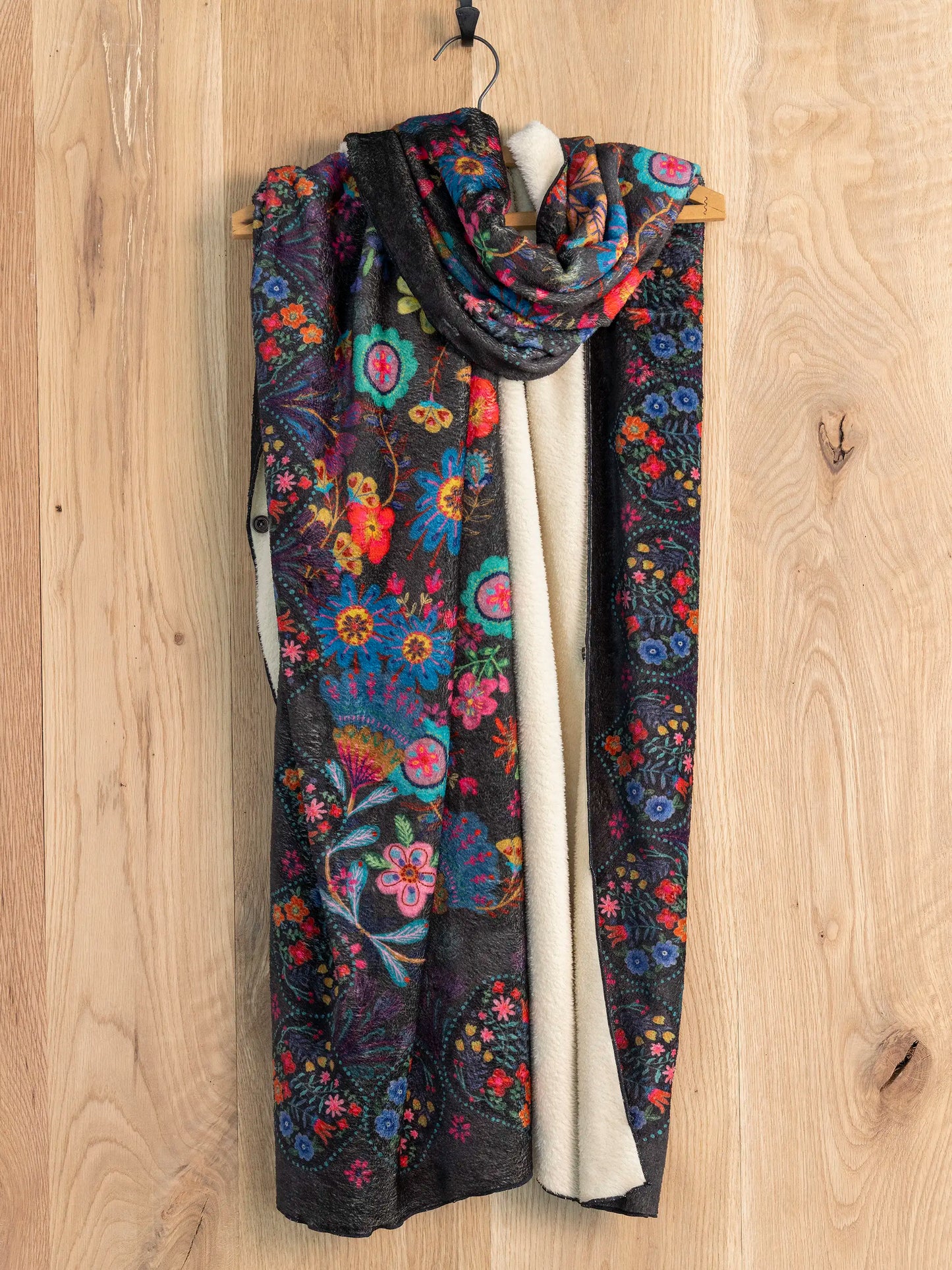 Cozy Kimono Scarf - Charcoal Folk Flower