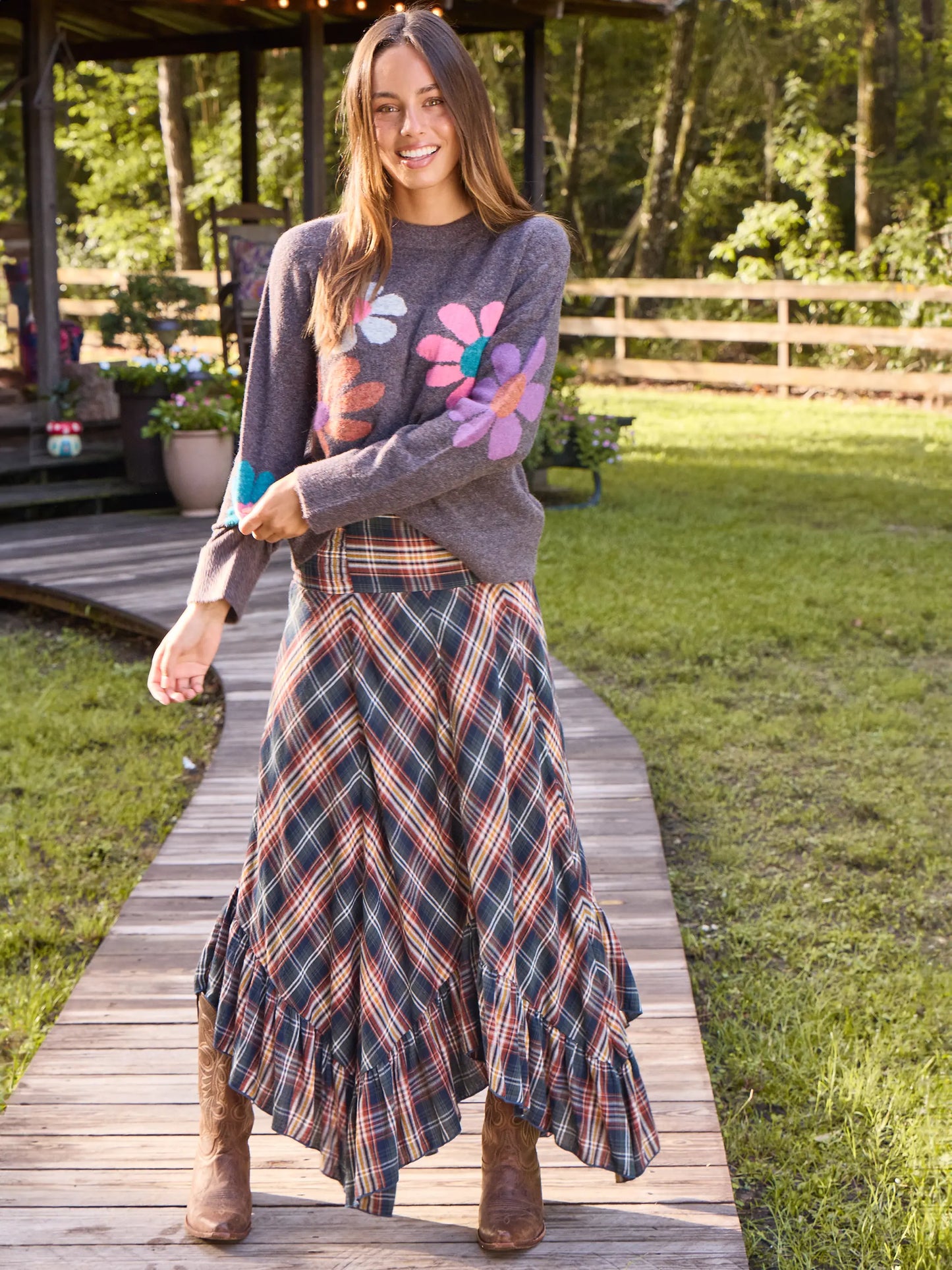 Feelin' Alive Convertible Midi Skirt - Navy Plaid Cotton