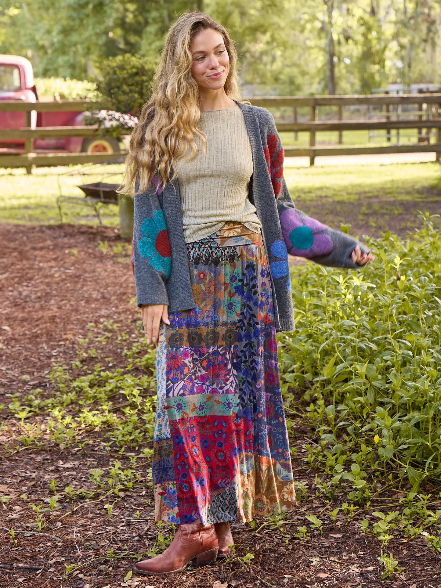 Live-In-It Knit "ButterSoft" Maxi Skirt - Blue Patchwork