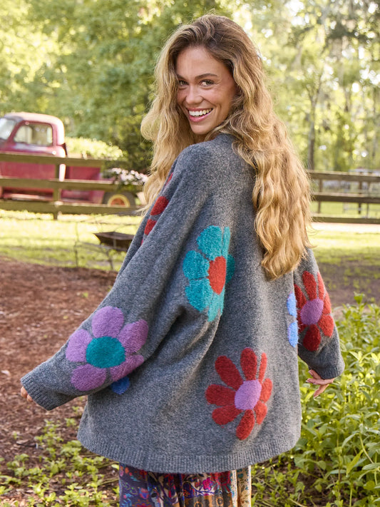 Lexie Intarsia Cardigan Sweater - Charcoal Daisies