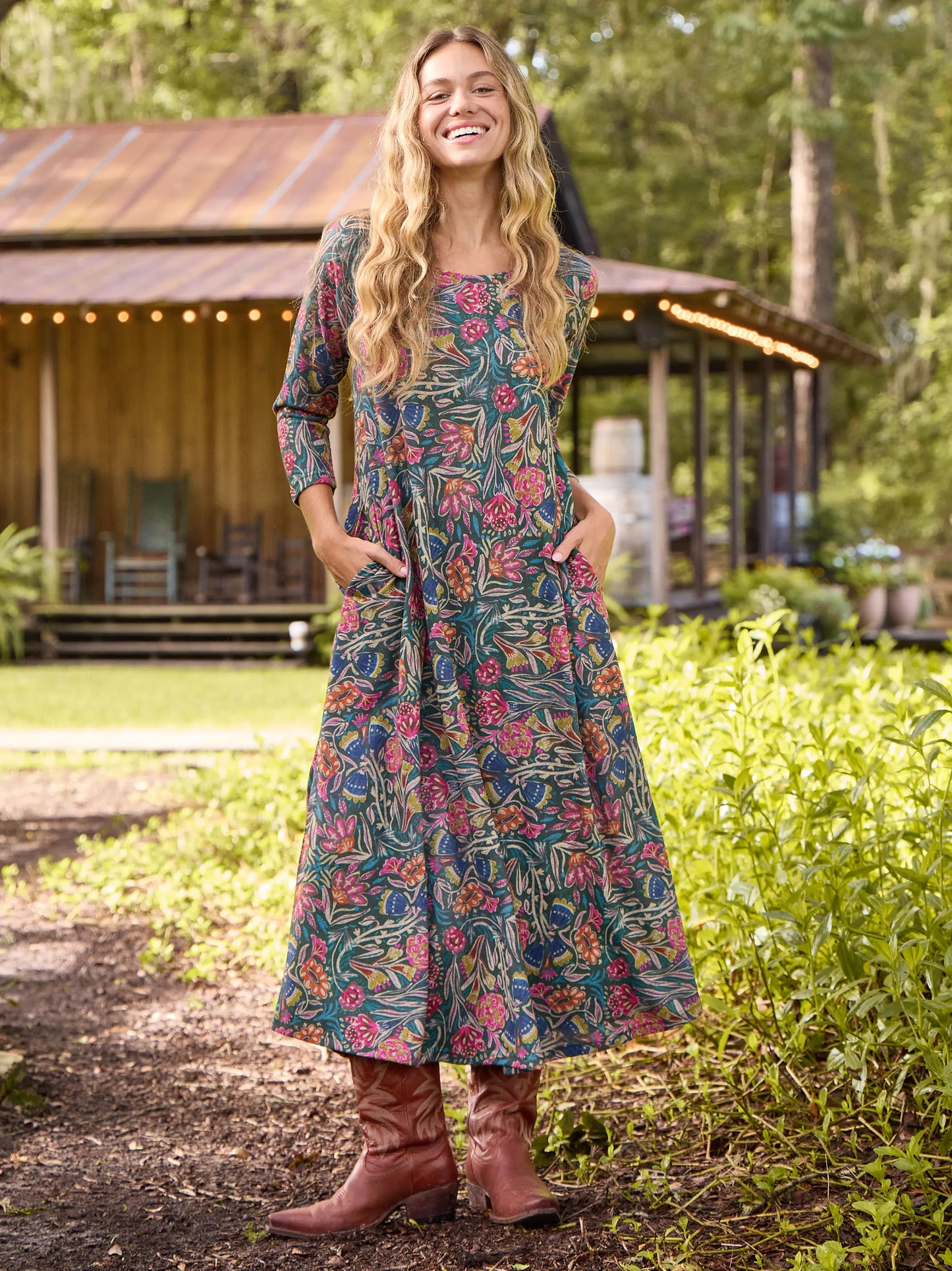 Lottie Sweater Knit Maxi Dress - Green Painterly Vines