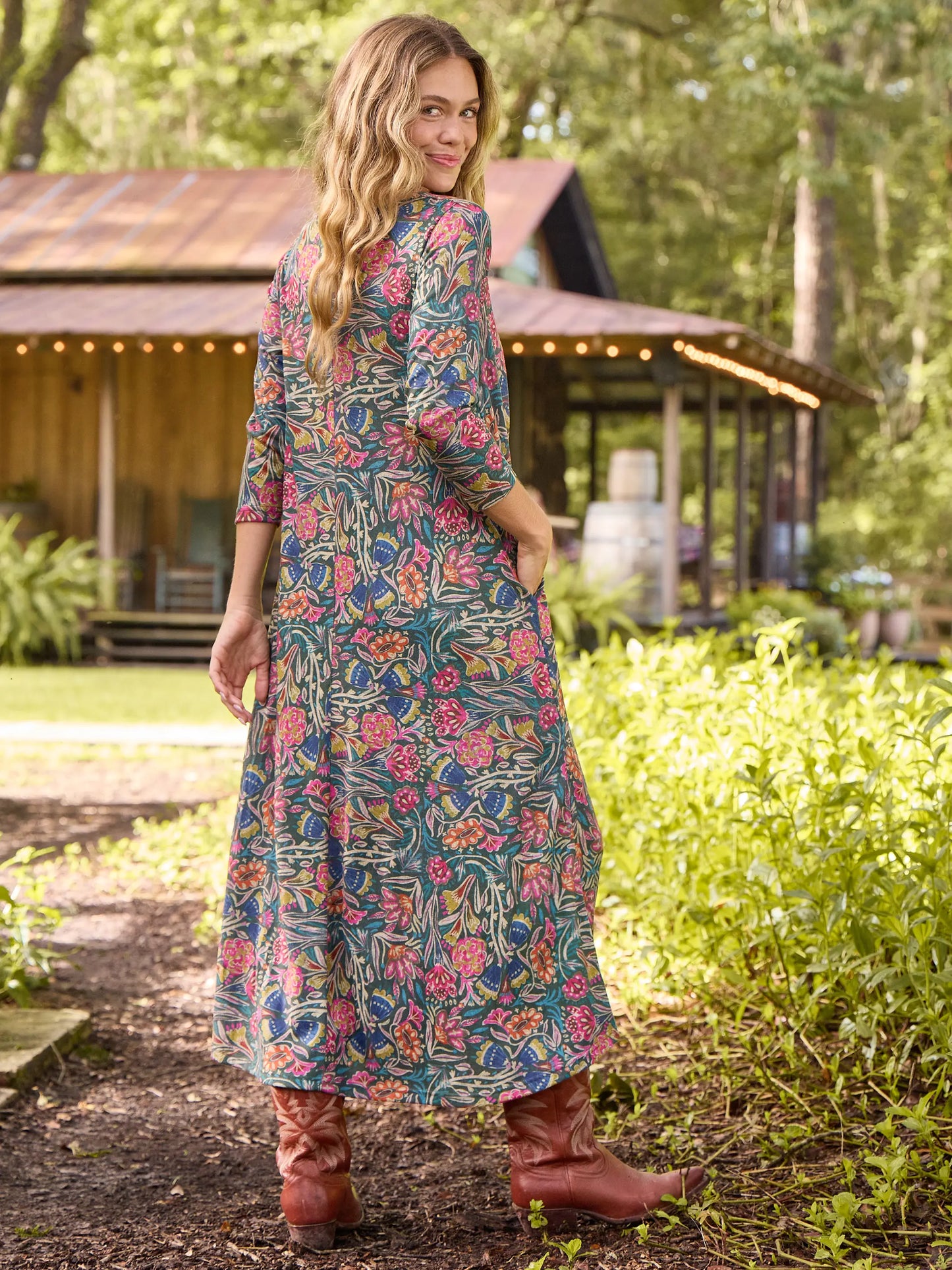 Lottie Sweater Knit Maxi Dress - Green Painterly Vines