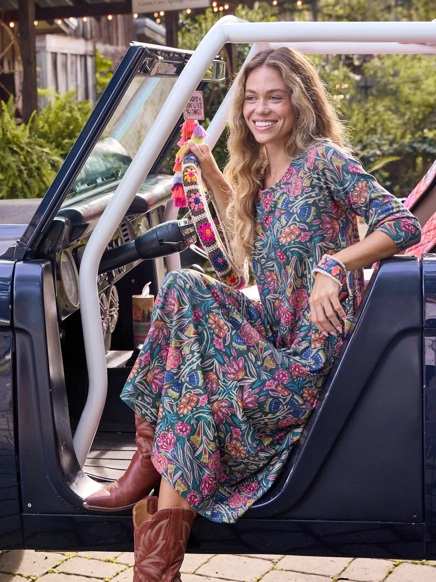 Lottie Sweater Knit Maxi Dress - Green Painterly Vines