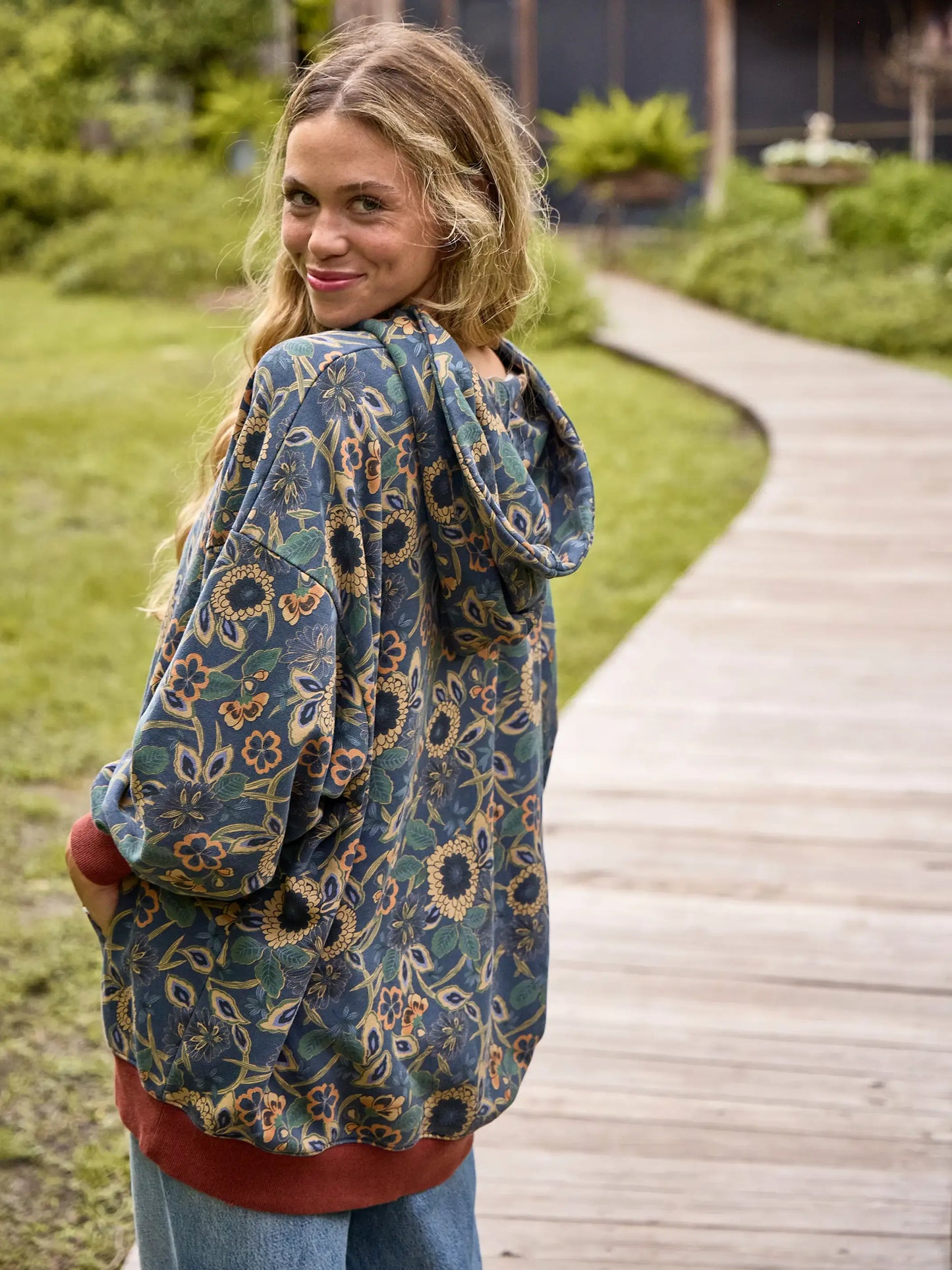 Oversized Printed Hoodie - Navy Tan Dahlias