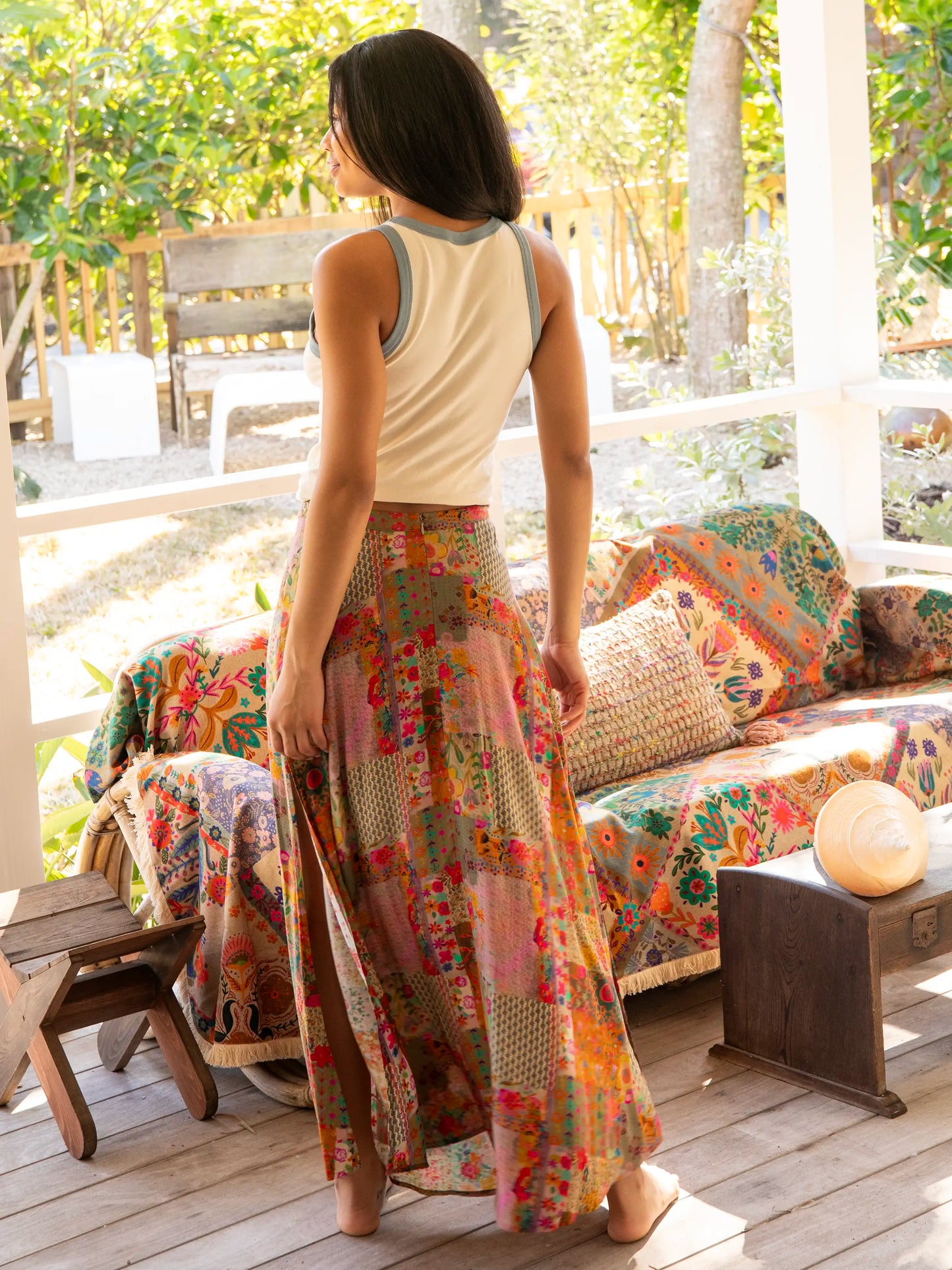 Ginger Side-Slit Maxi Skirt - Pink Floral Patchwork
