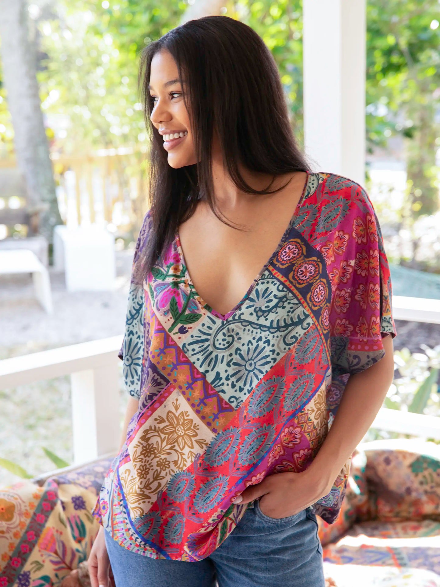 Easy V-Neck Top - Boho Blooms Patchwork