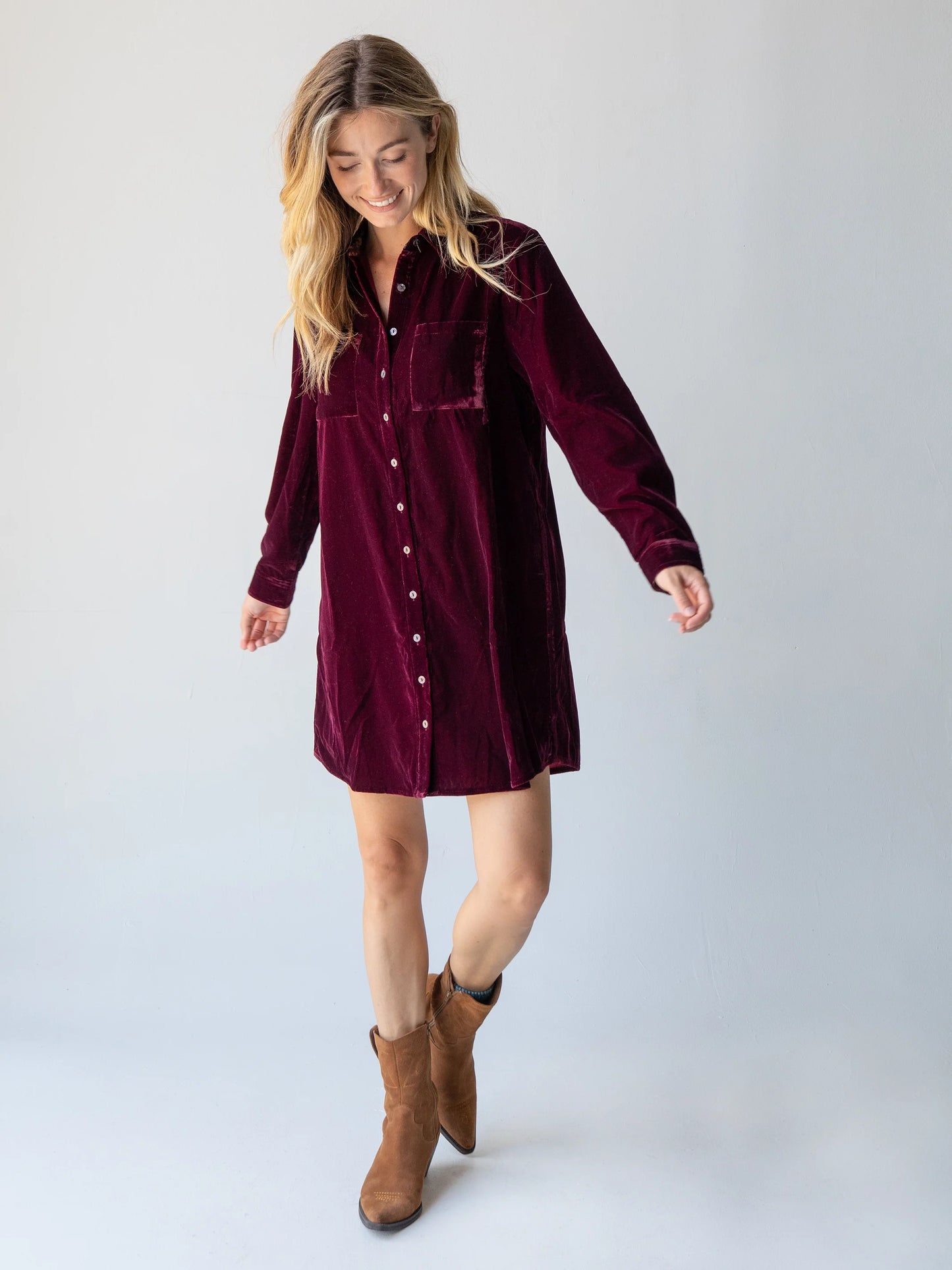 Rocky Velvet Shirt Dress - Cranberry