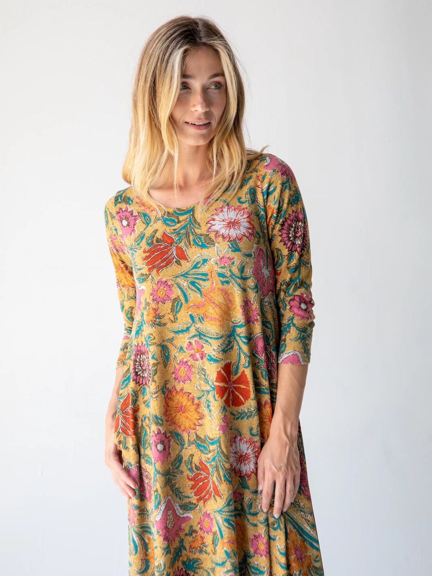 Lottie Sweater Knit Maxi Dress - Tan Pink Floral