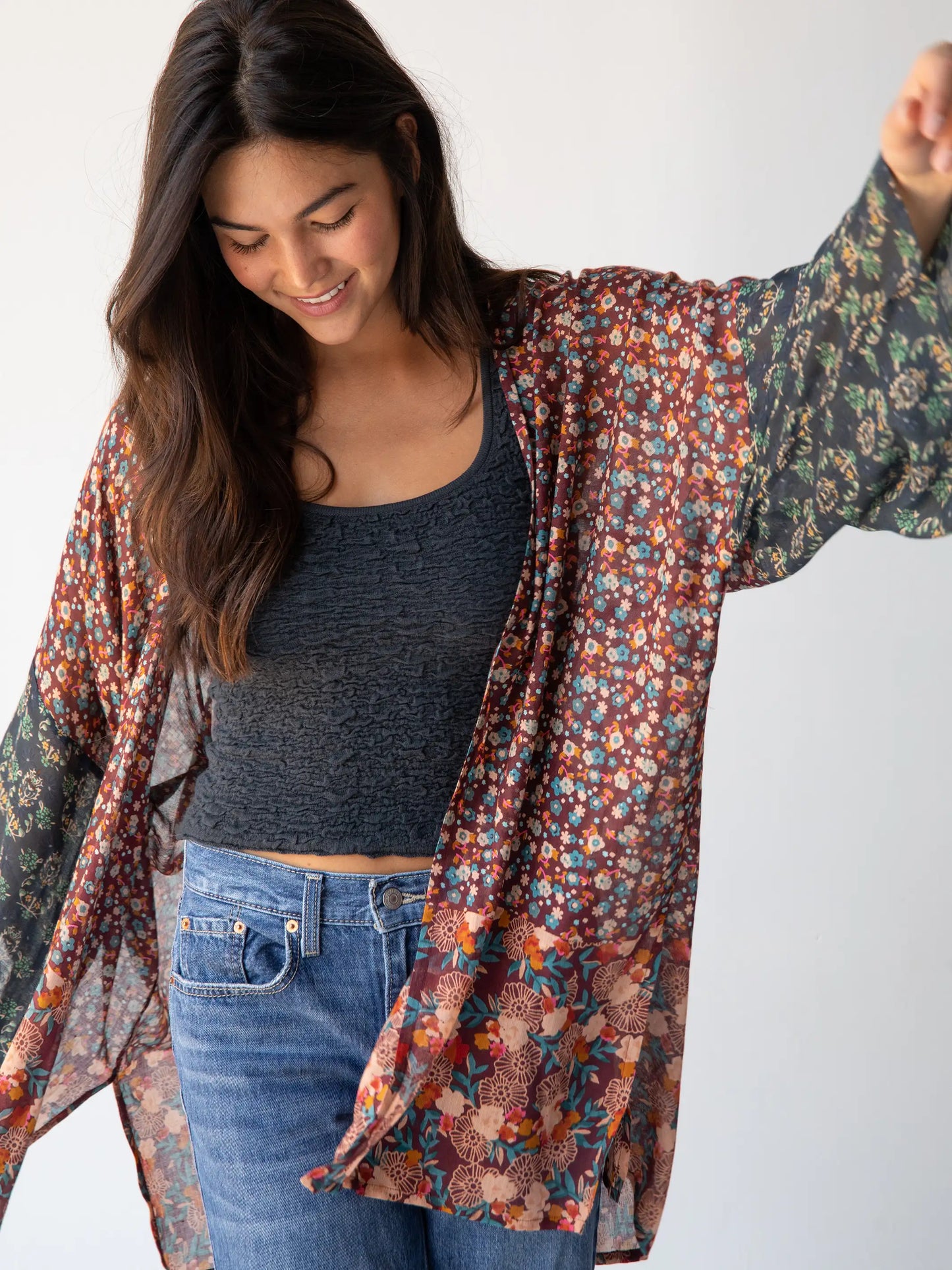 Sierra Kimono - Brown Teal Floral