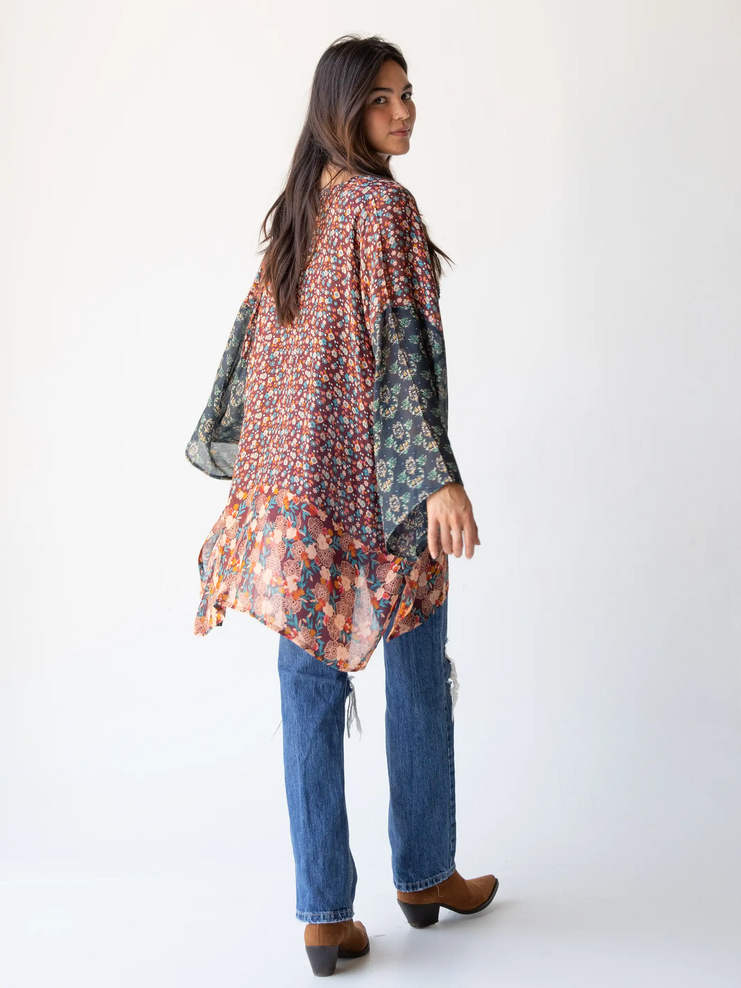 Sierra Kimono - Brown Teal Floral