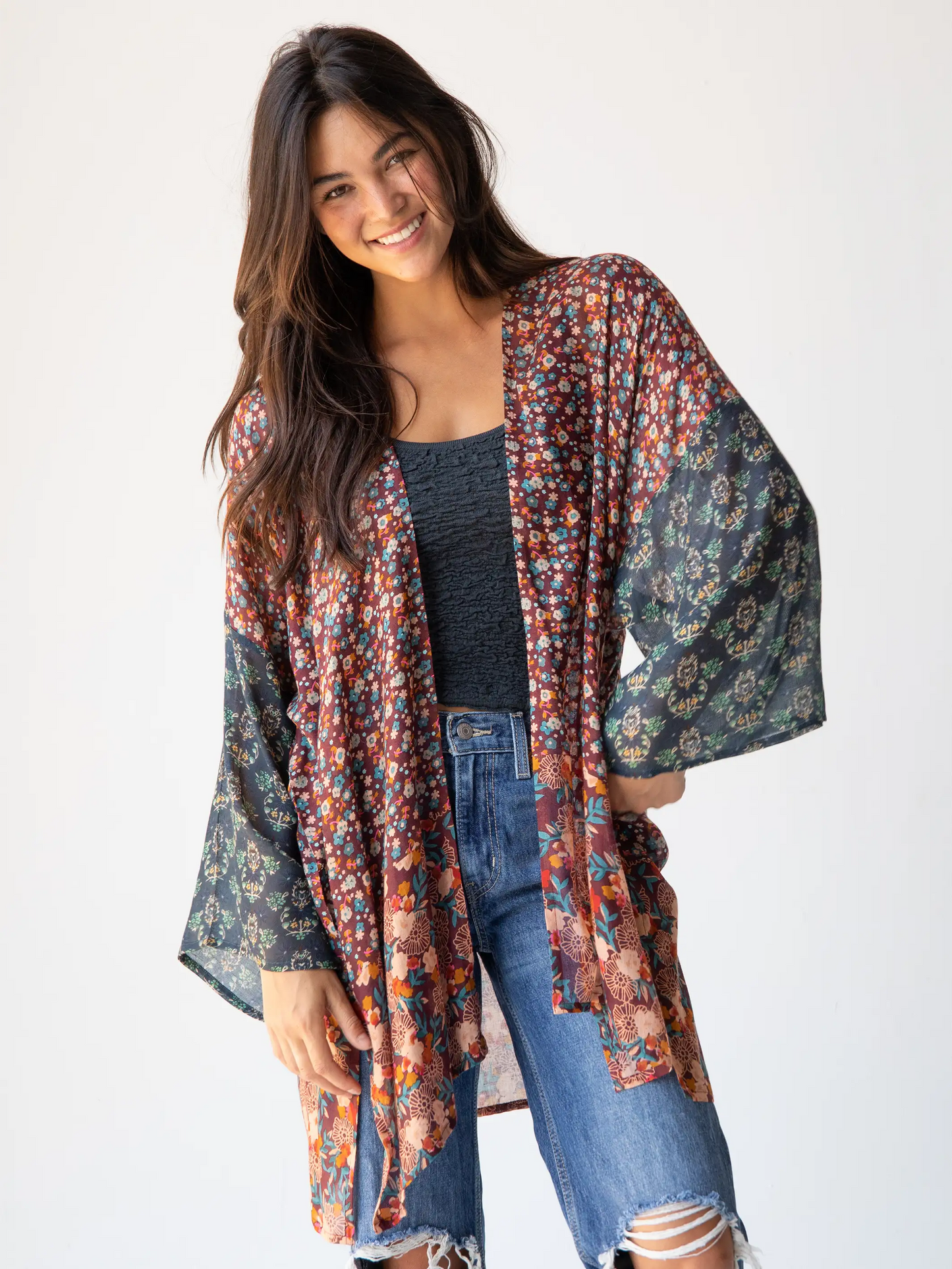 Sierra Kimono - Brown Teal Floral
