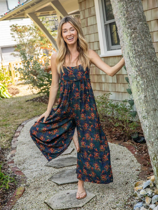 Gabi Jumpsuit - Navy Red Feathers