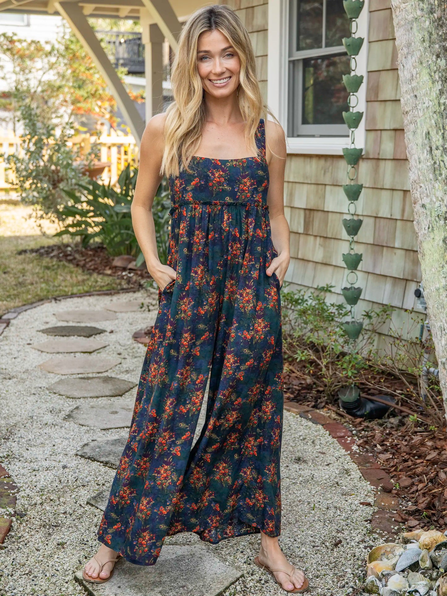 Gabi Jumpsuit - Navy Red Feathers