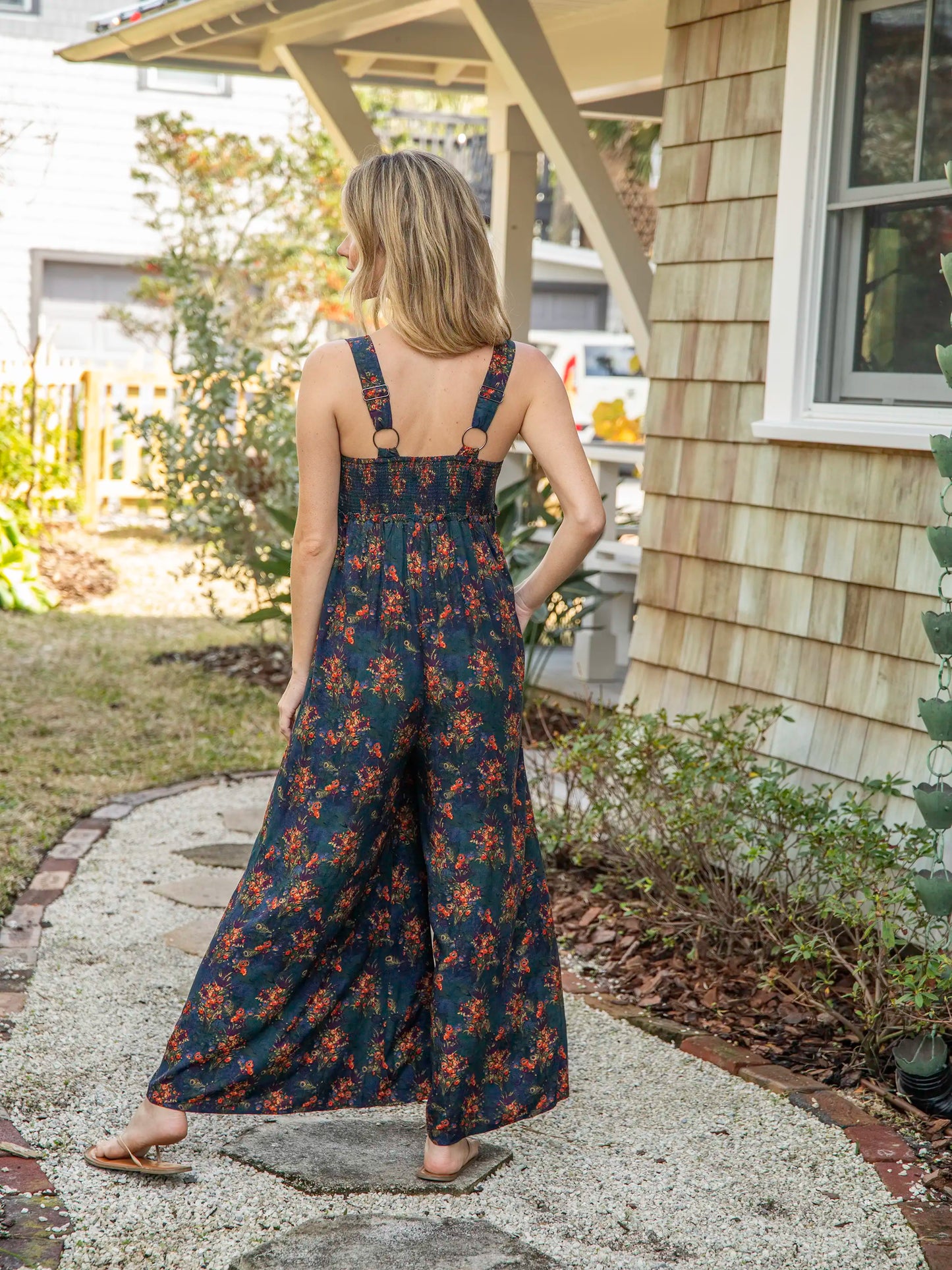 Gabi Jumpsuit - Navy Red Feathers
