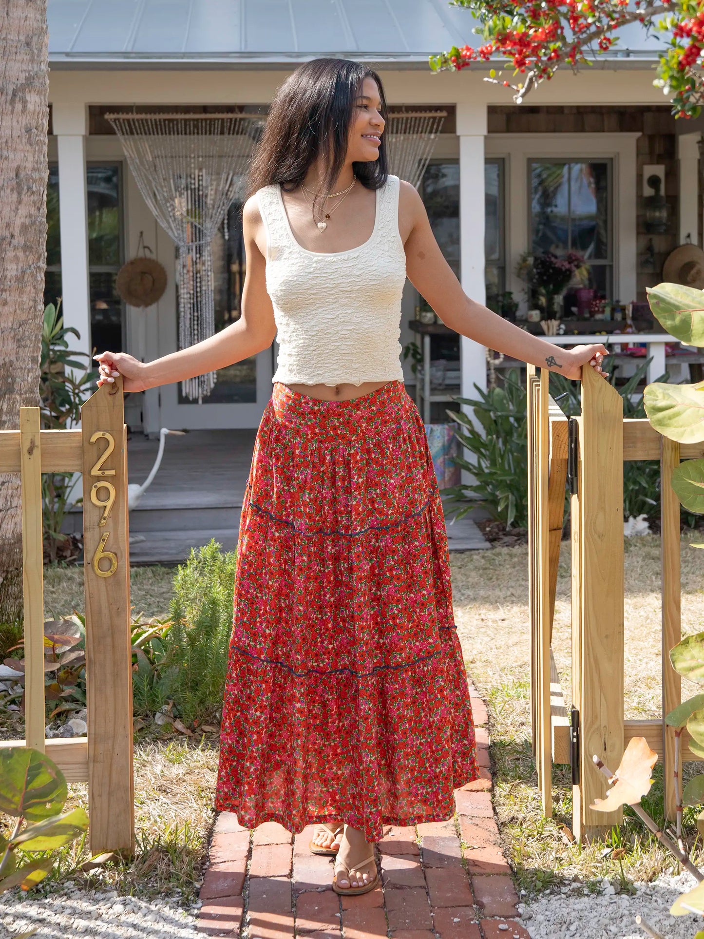 Karlie Tiered Maxi Skirt - Red Pink Azaleas