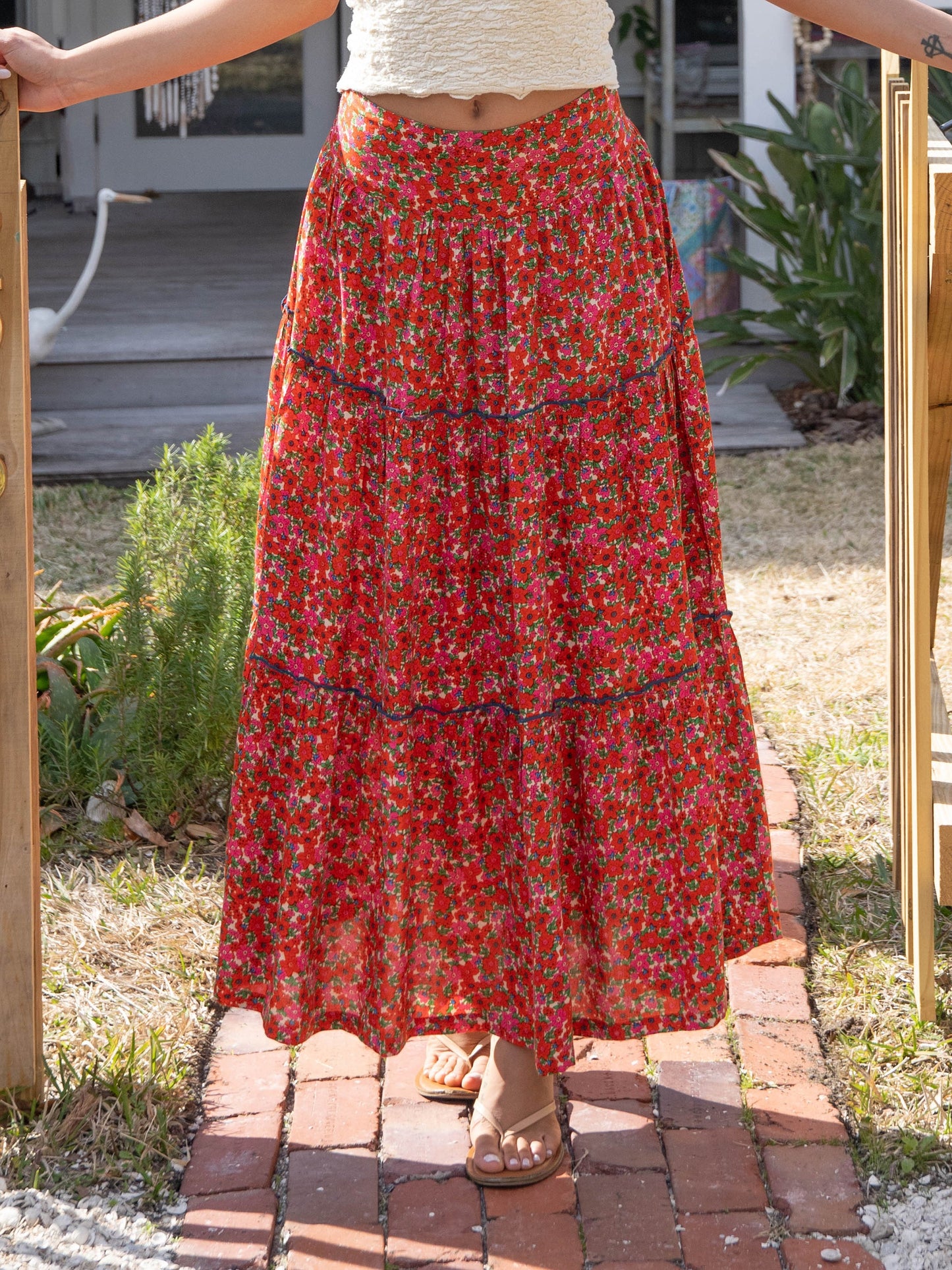 Karlie Tiered Maxi Skirt - Red Pink Azaleas