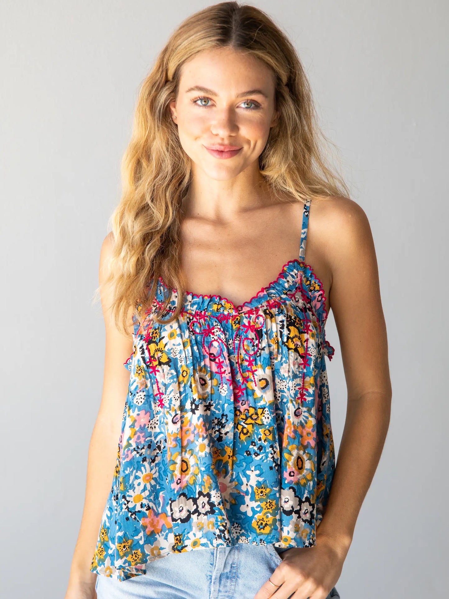 Harley Embroidered Top - Blue Tan Floral