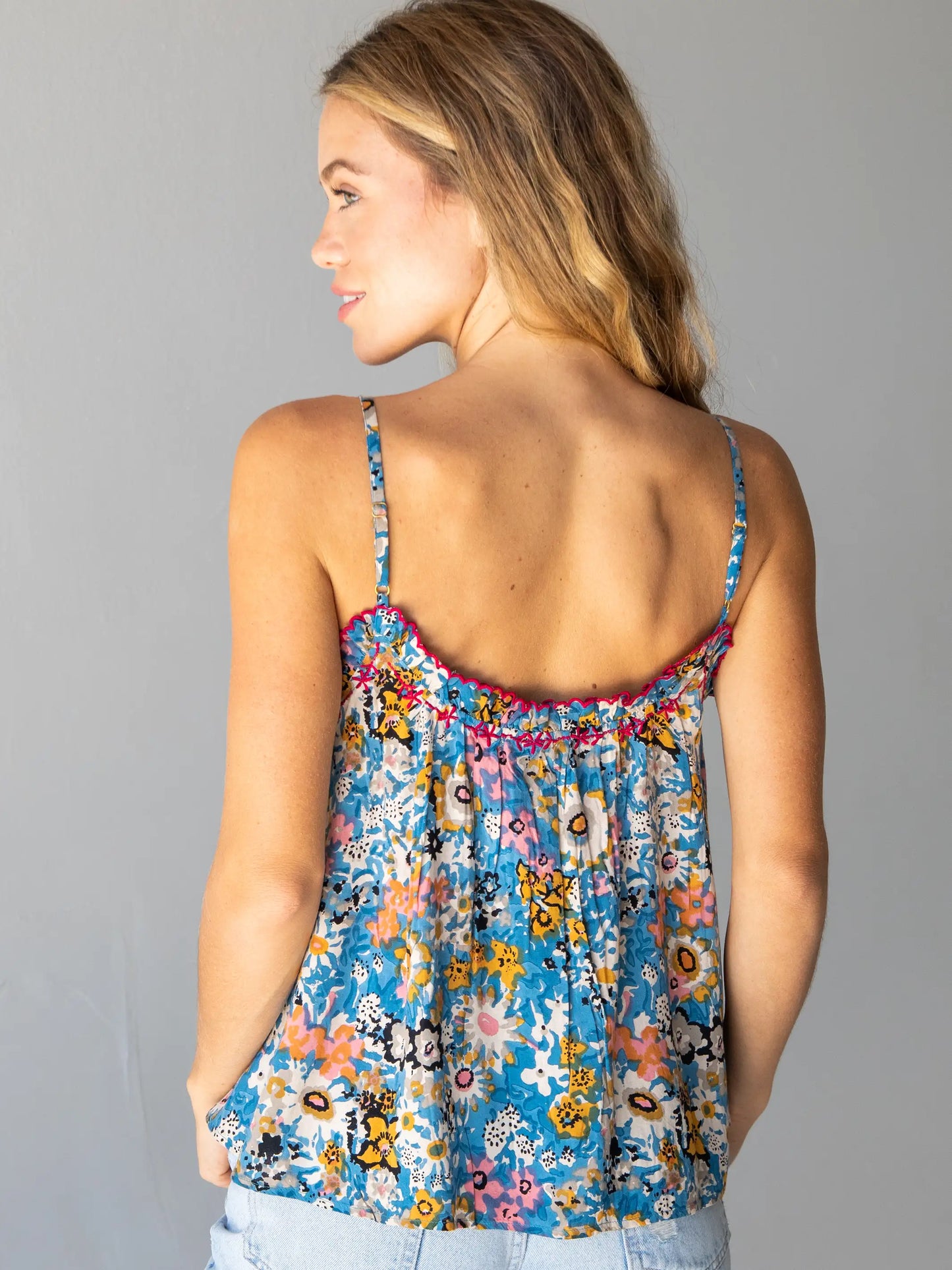 Harley Embroidered Top - Blue Tan Floral