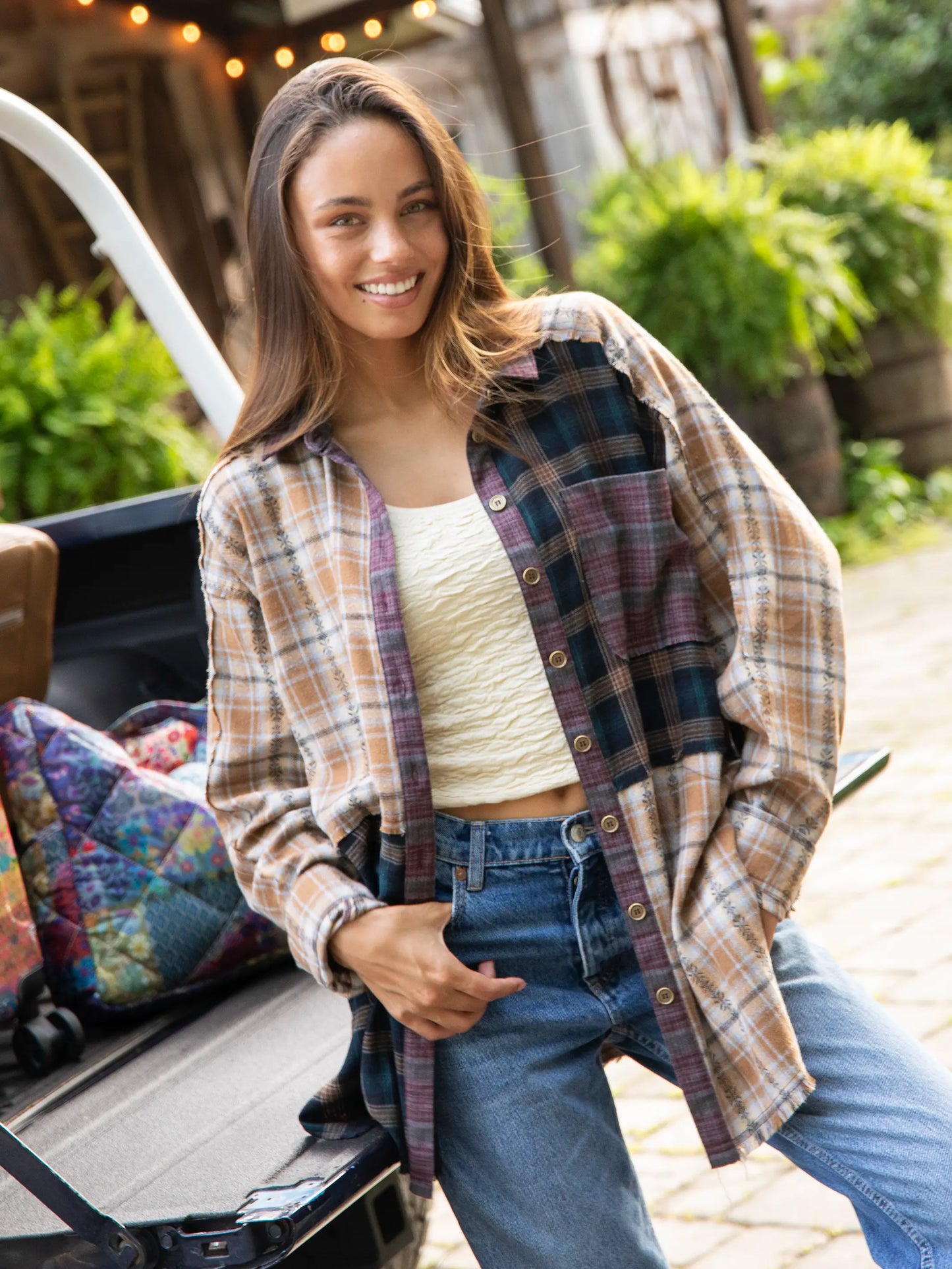 Elliott Oversized Mixed Flannel Shirt - Tan Navy Plaid