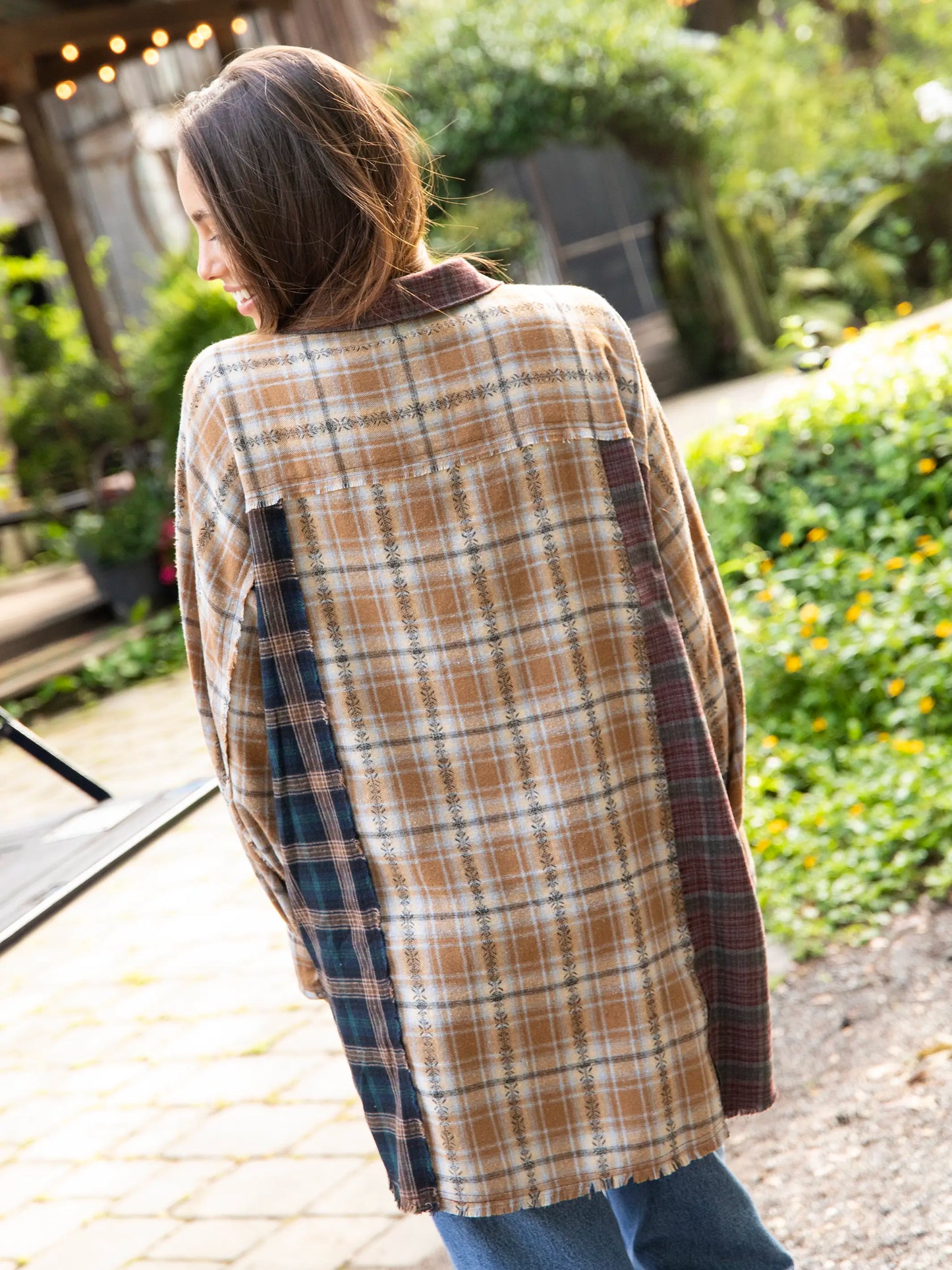 Elliott Oversized Mixed Flannel Shirt - Tan Navy Plaid
