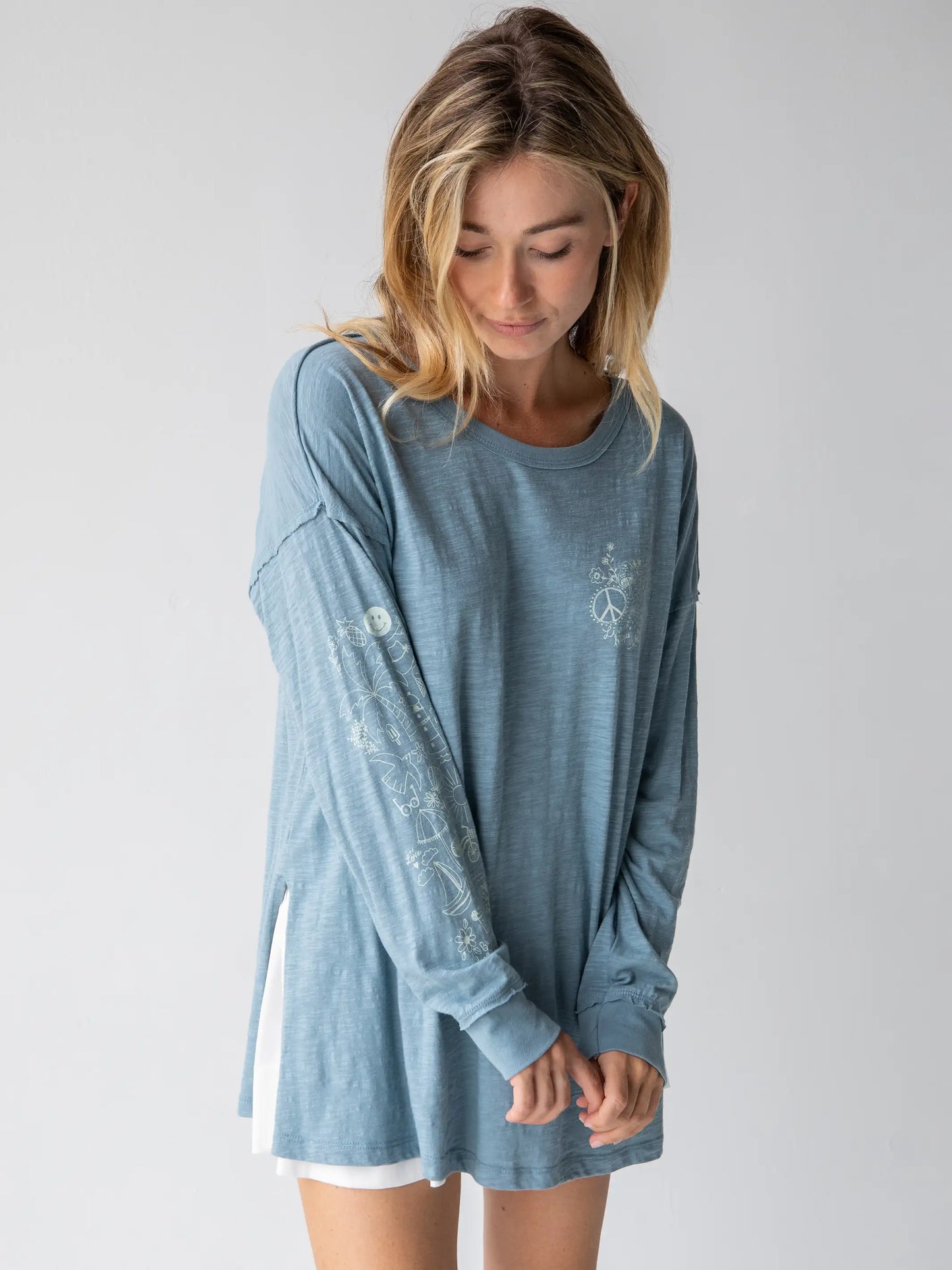 Oversized Cotton Doodle Tee - Light Blue