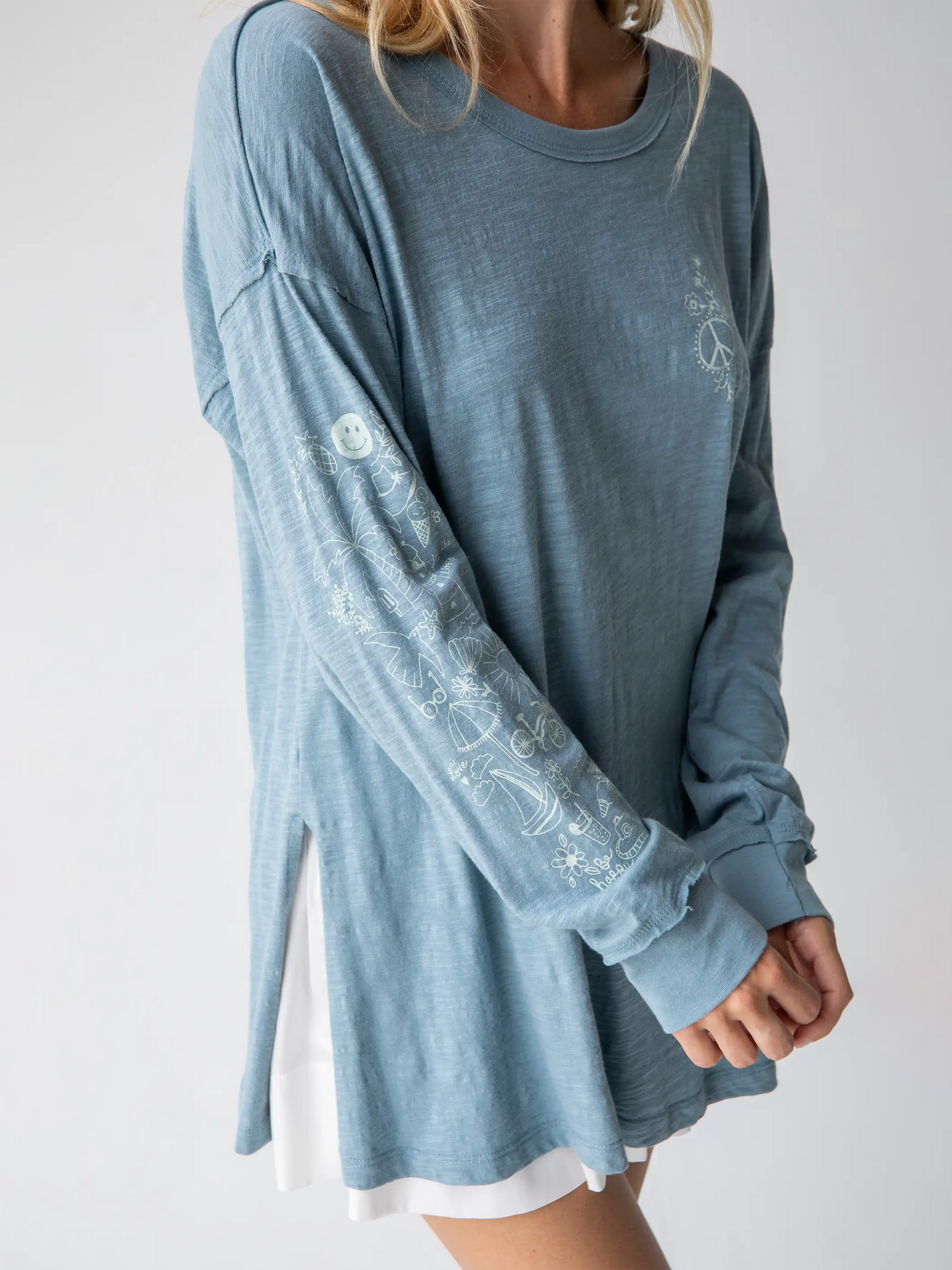Oversized Cotton Doodle Tee - Light Blue