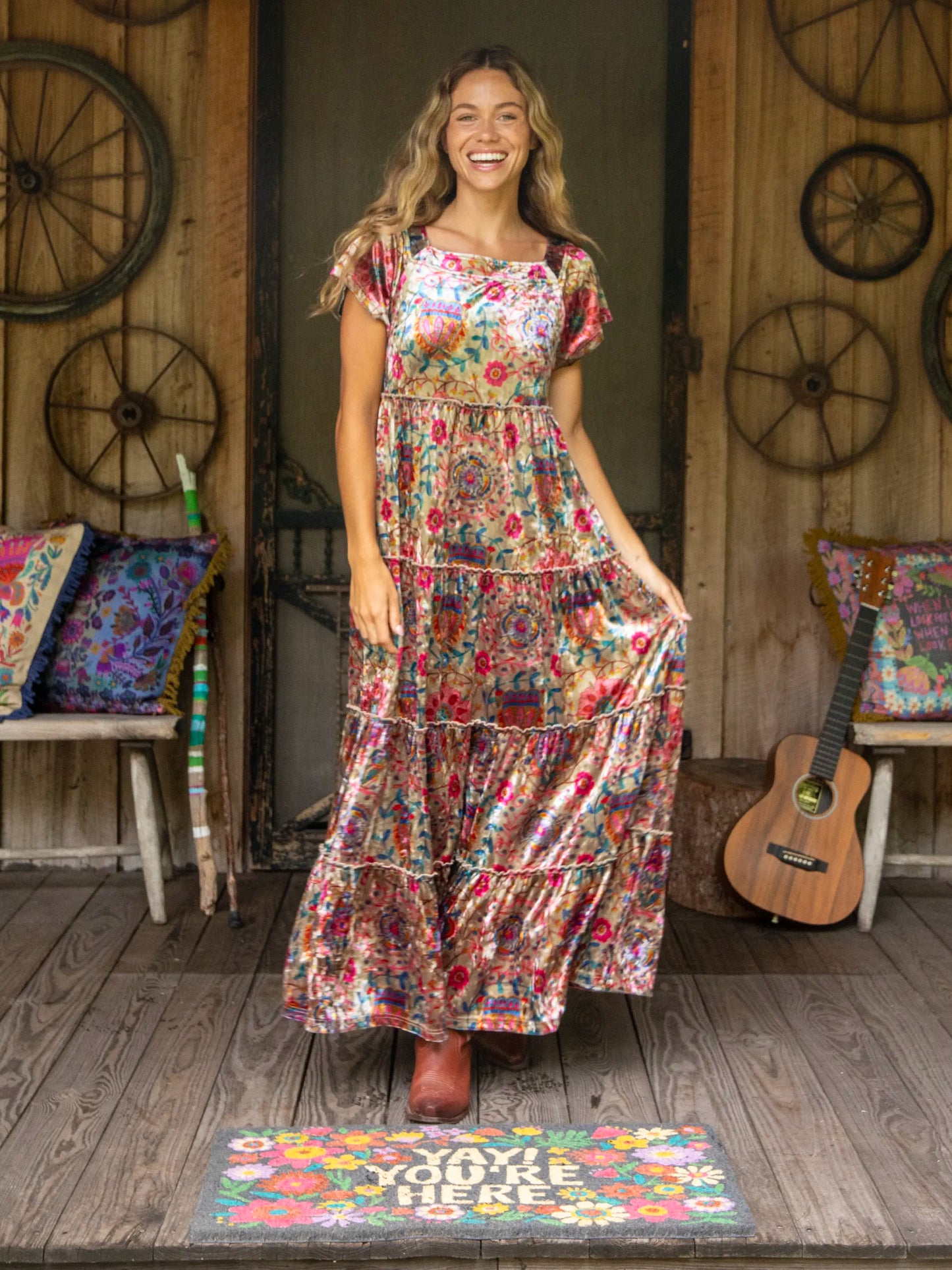Berkley Velvet Maxi Dress - Pink Folk Floral