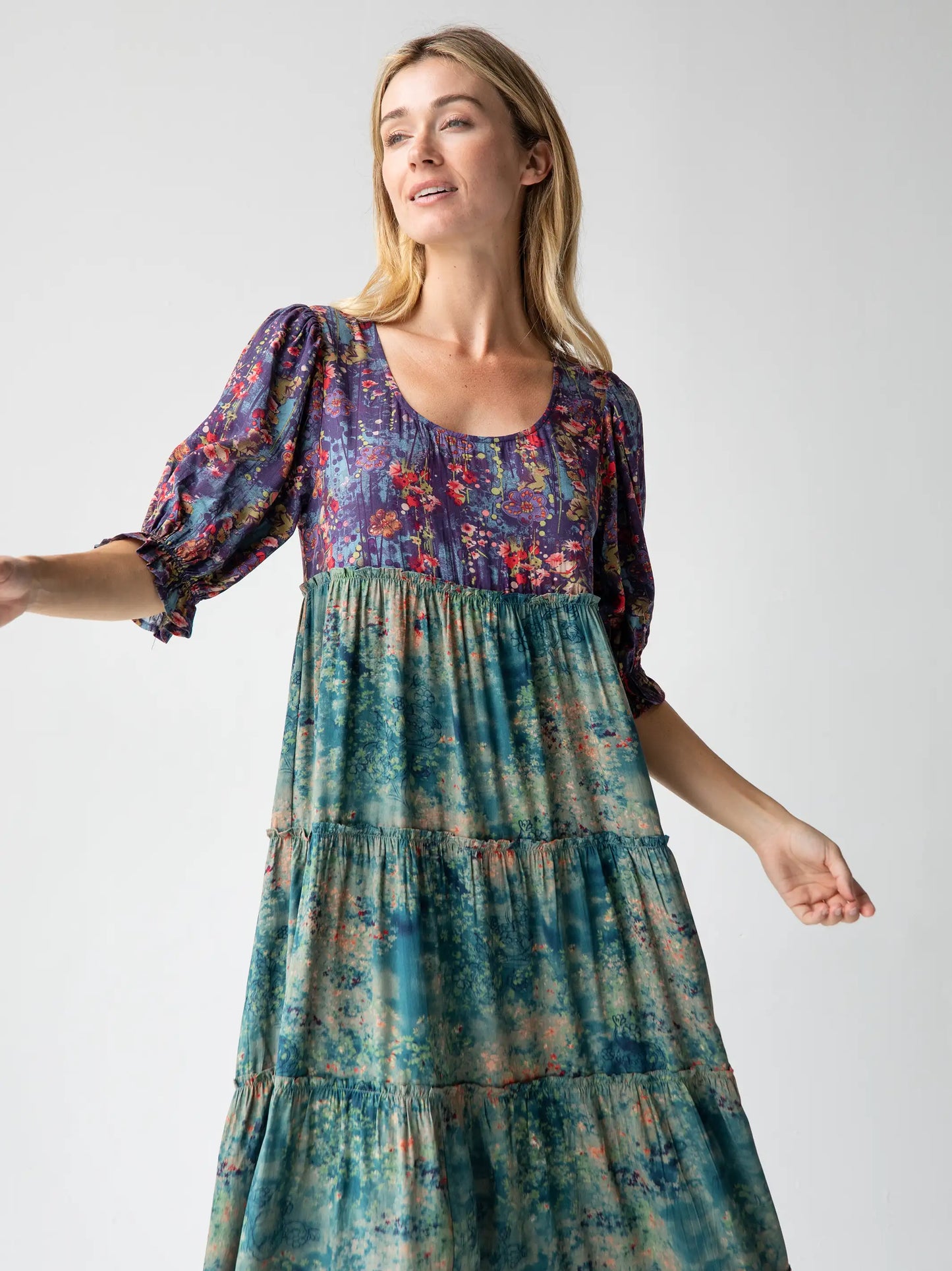 Collette Tiered Maxi Dress - Navy Turquoise Floral