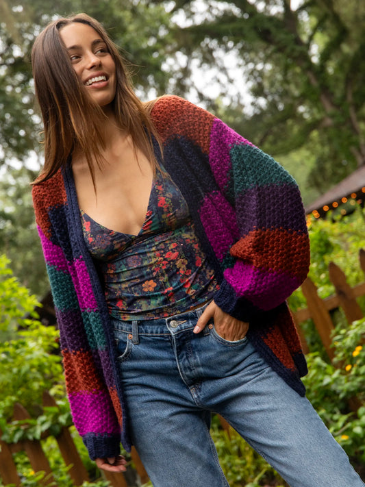 Oversized Striped Cardigan Sweater - Navy