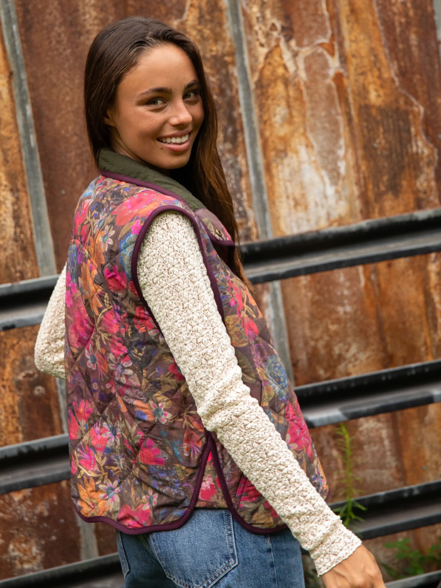 Quilted Puffer Vest - Dark Floral Garden