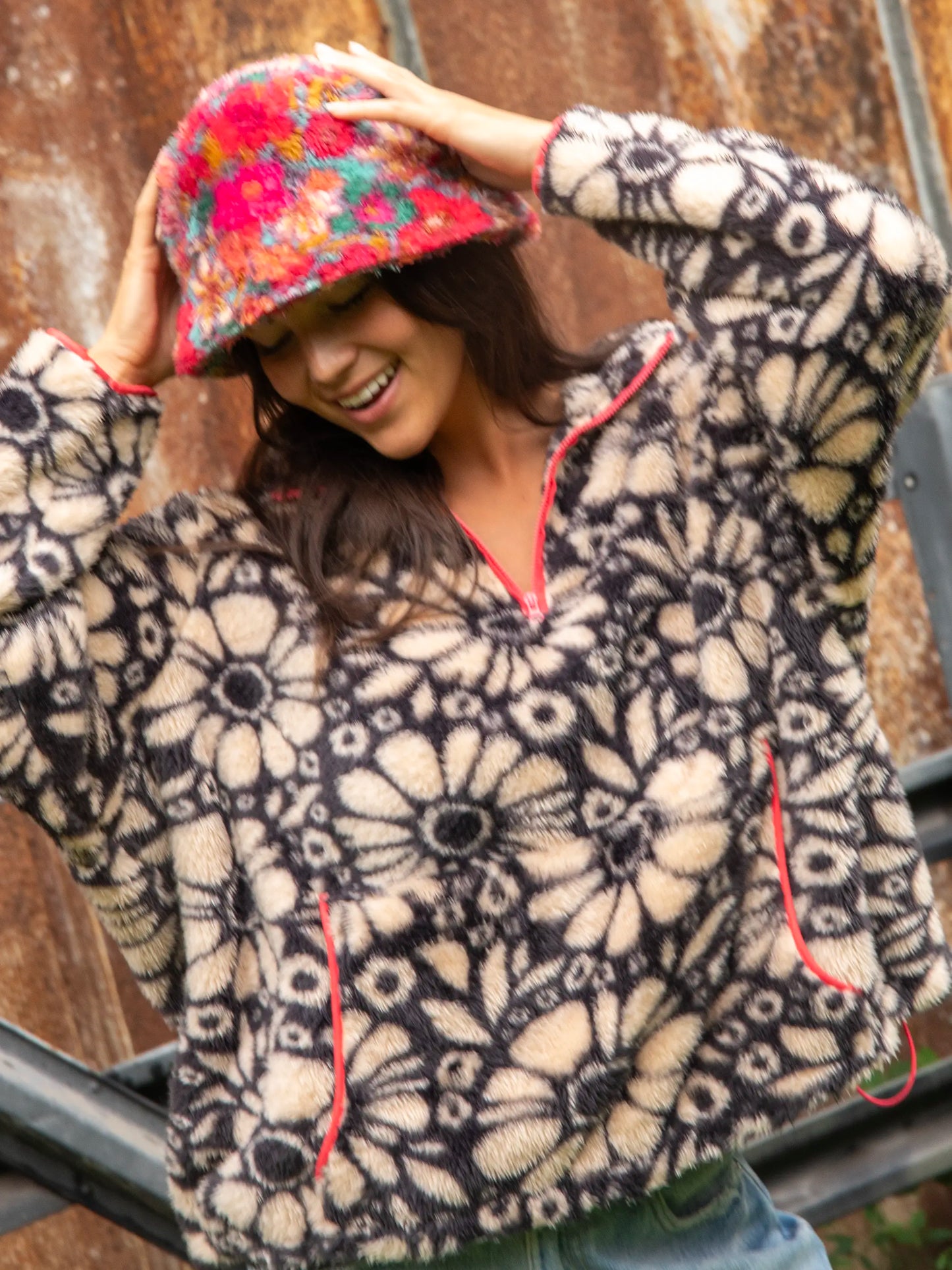 Coziest Quarter Zip Pullover Sweatshirt - Black White Daisies