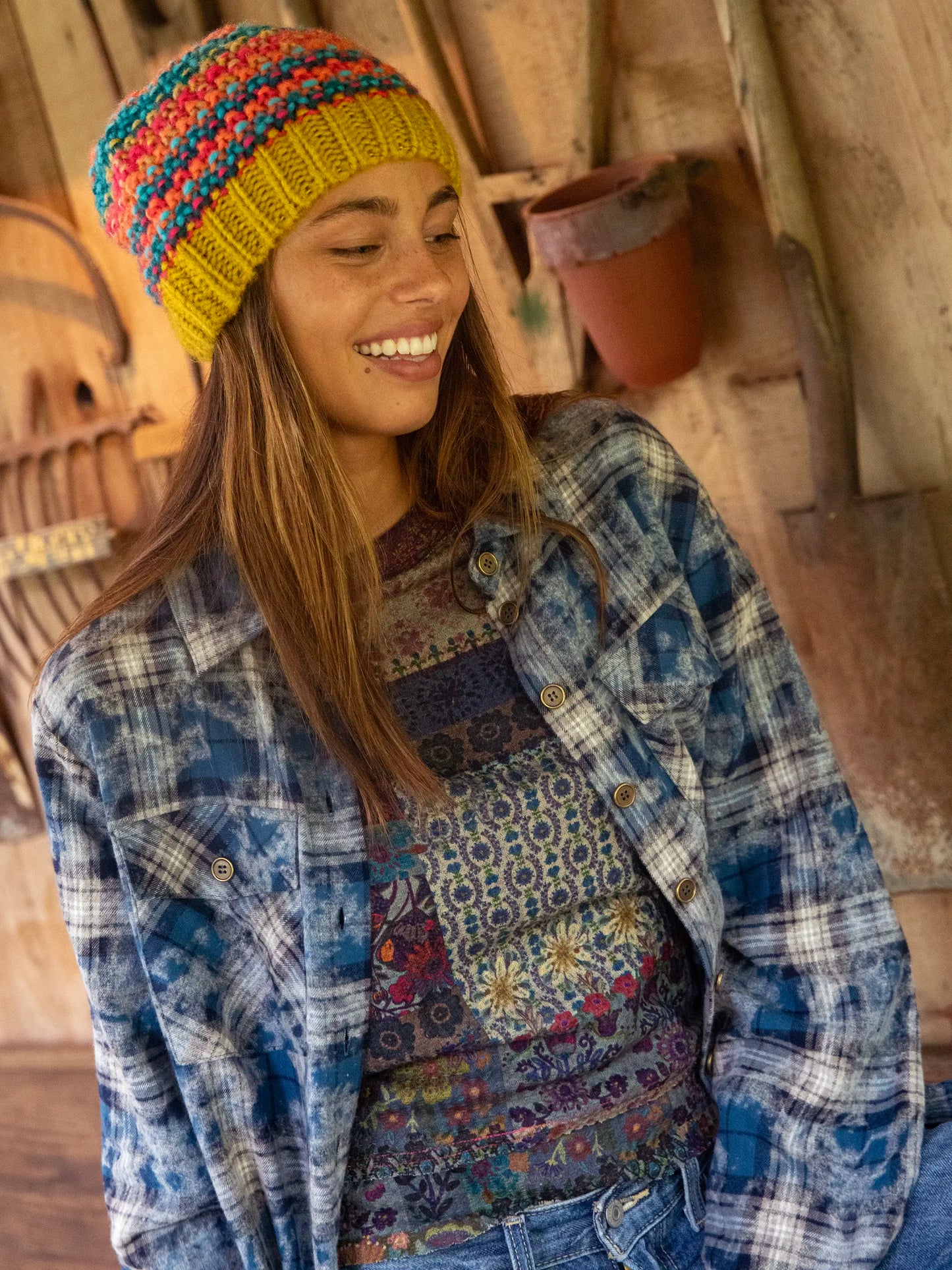 Elle Raglan Thermal Top - Blue Patchwork