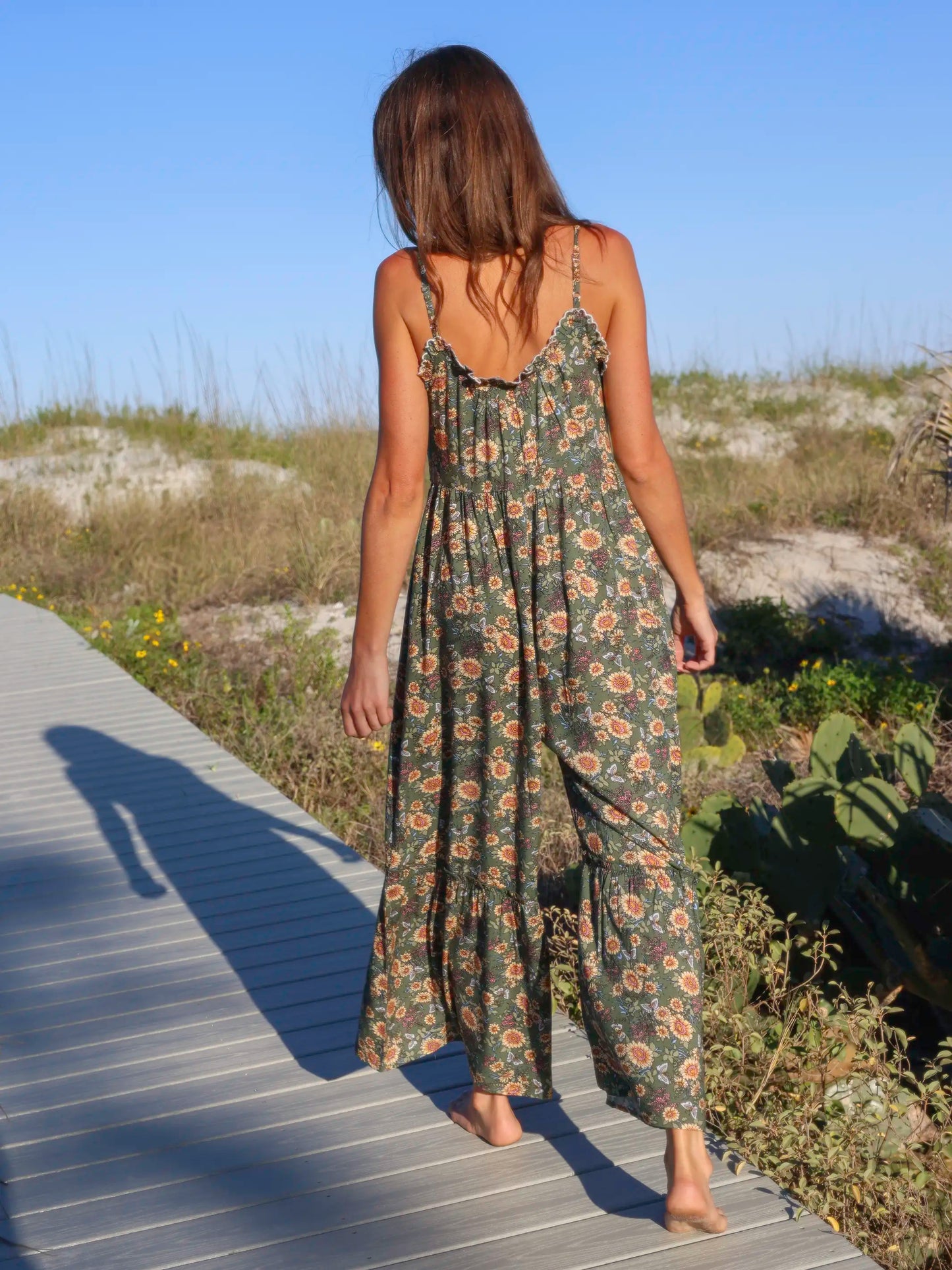 Harley Embroidered Jumpsuit - Green Sunflower Butterflies