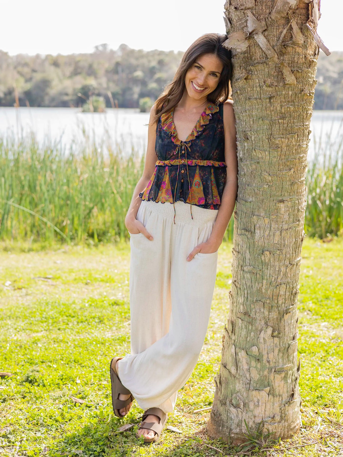 Sierra Sleeveless Mesh Top - Navy Mustard Floral