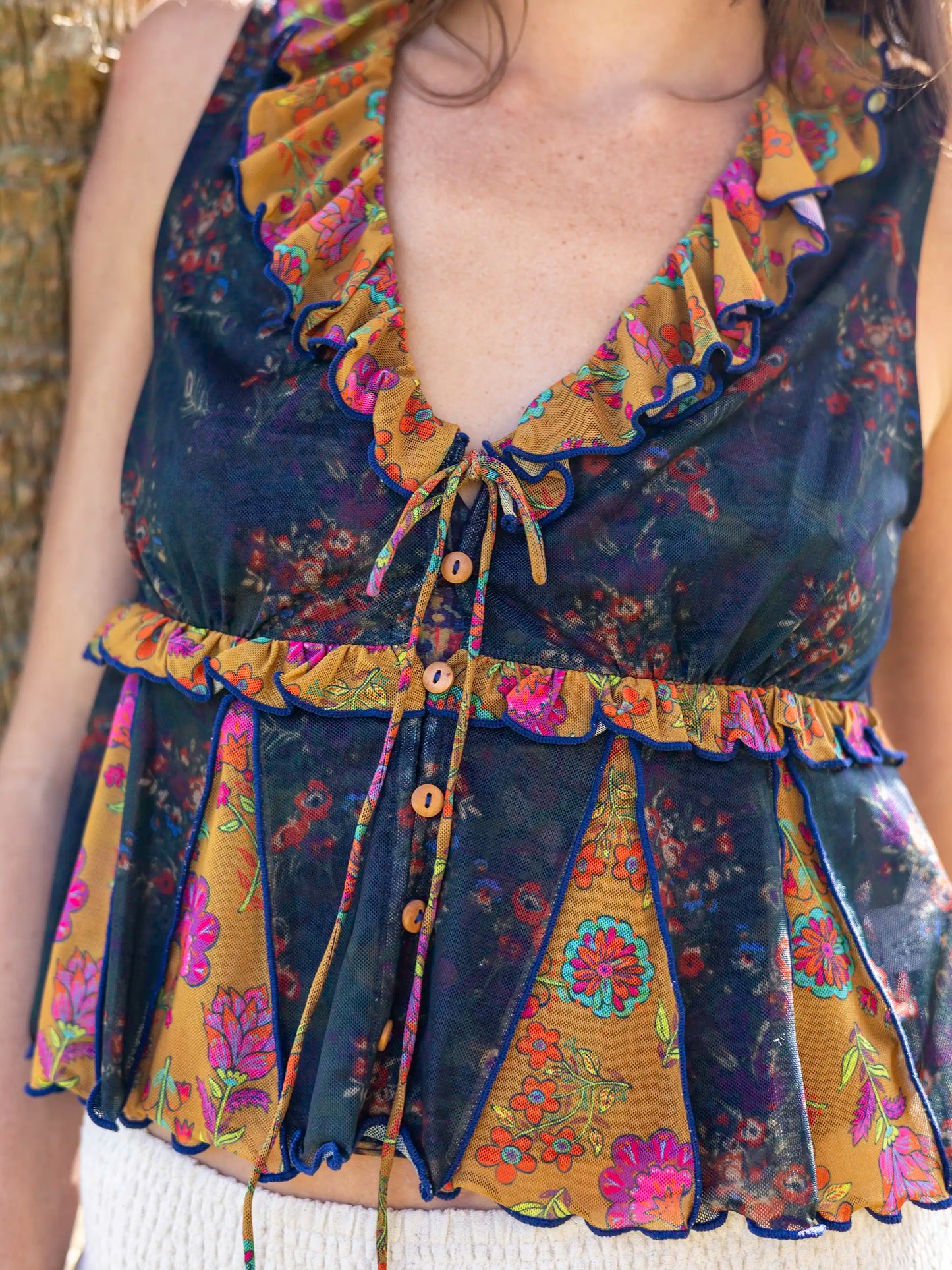 Sierra Sleeveless Mesh Top - Navy Mustard Floral