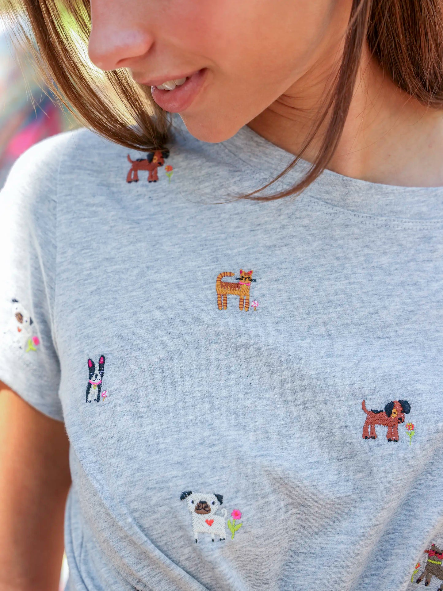 Fave Little Things Embroidered Tee - Grey Pets
