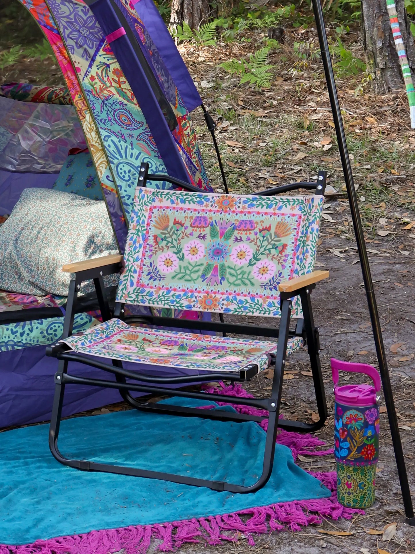 Portable Outdoor Folding Chair - Light Turquoise Flower