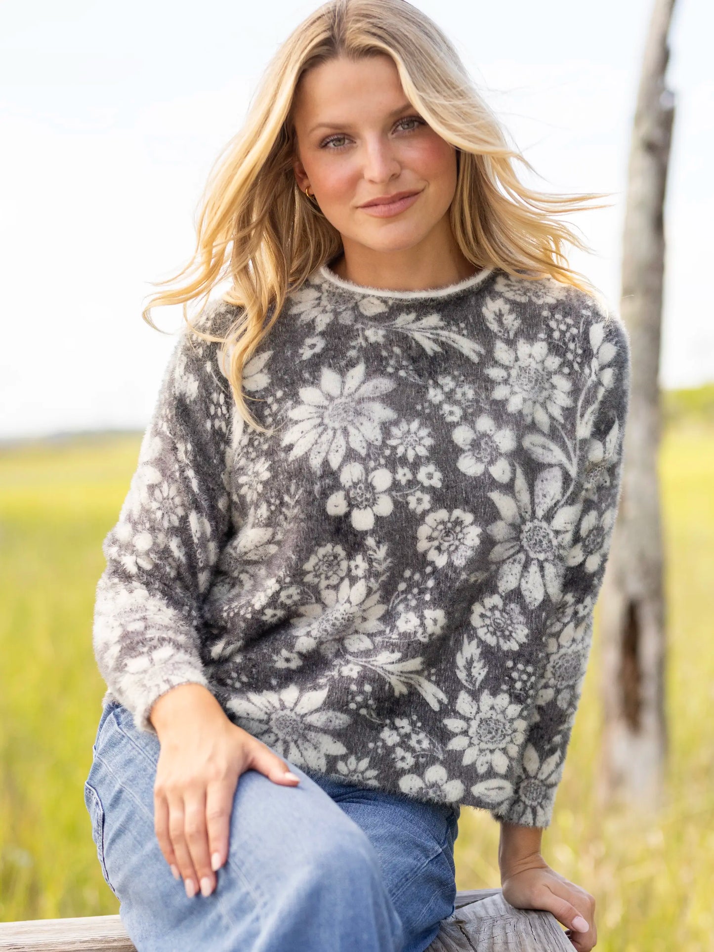 Cashmere-Like Mock Neck Sweater - Stamped Flora Charcoal