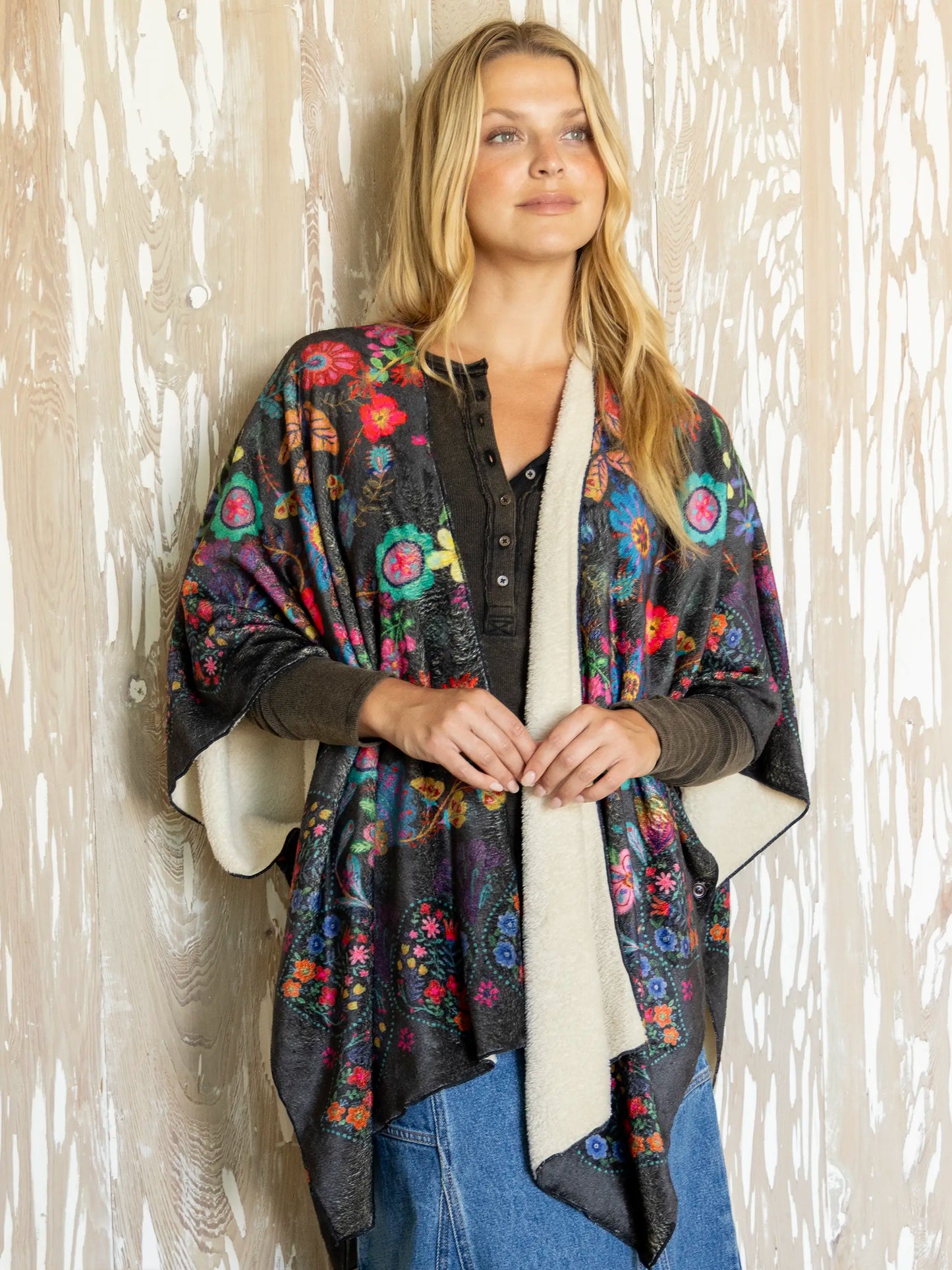 Cozy Kimono Scarf - Charcoal Folk Flower