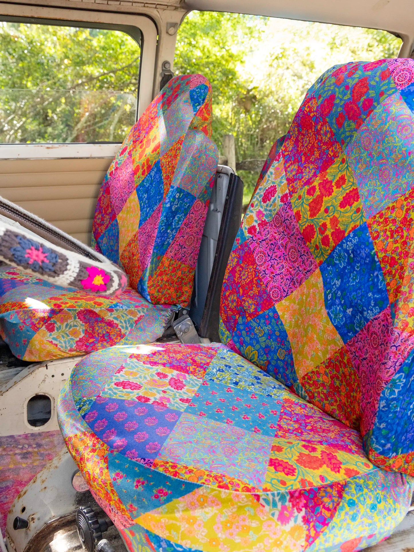 Velvet Front Car Seat Cover, Set of 2 - Rainbow Patchwork
