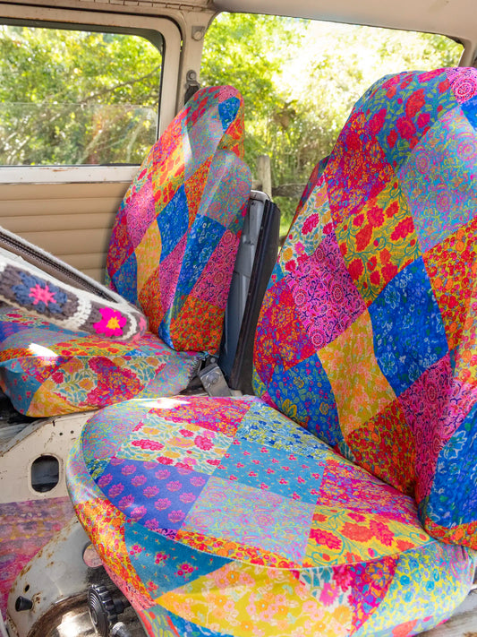 Velvet Front Car Seat Cover, Set of 2 - Rainbow Patchwork