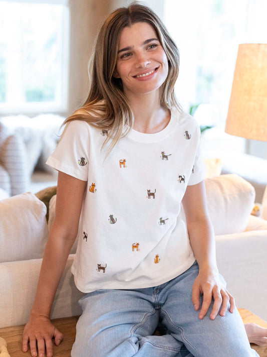 Fave Little Things Embroidered Tee - White Cats