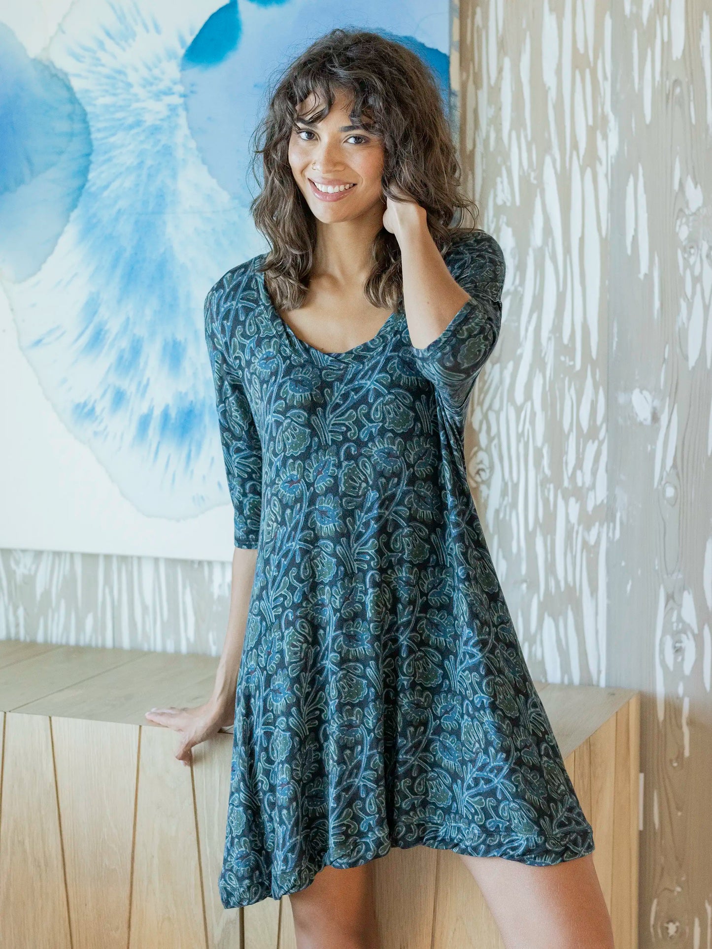 All Day "ButterSoft" Mini Tee Dress - Navy Floral Vines