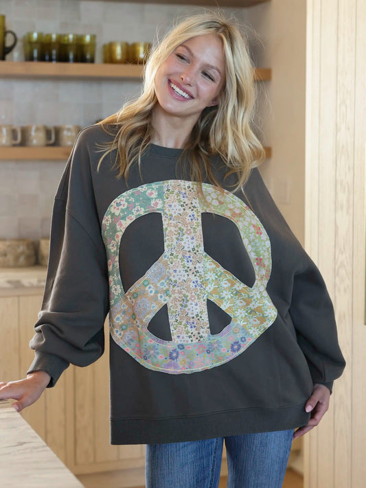 Applique Crewneck Sweatshirt - Charcoal Floral Peace Sign