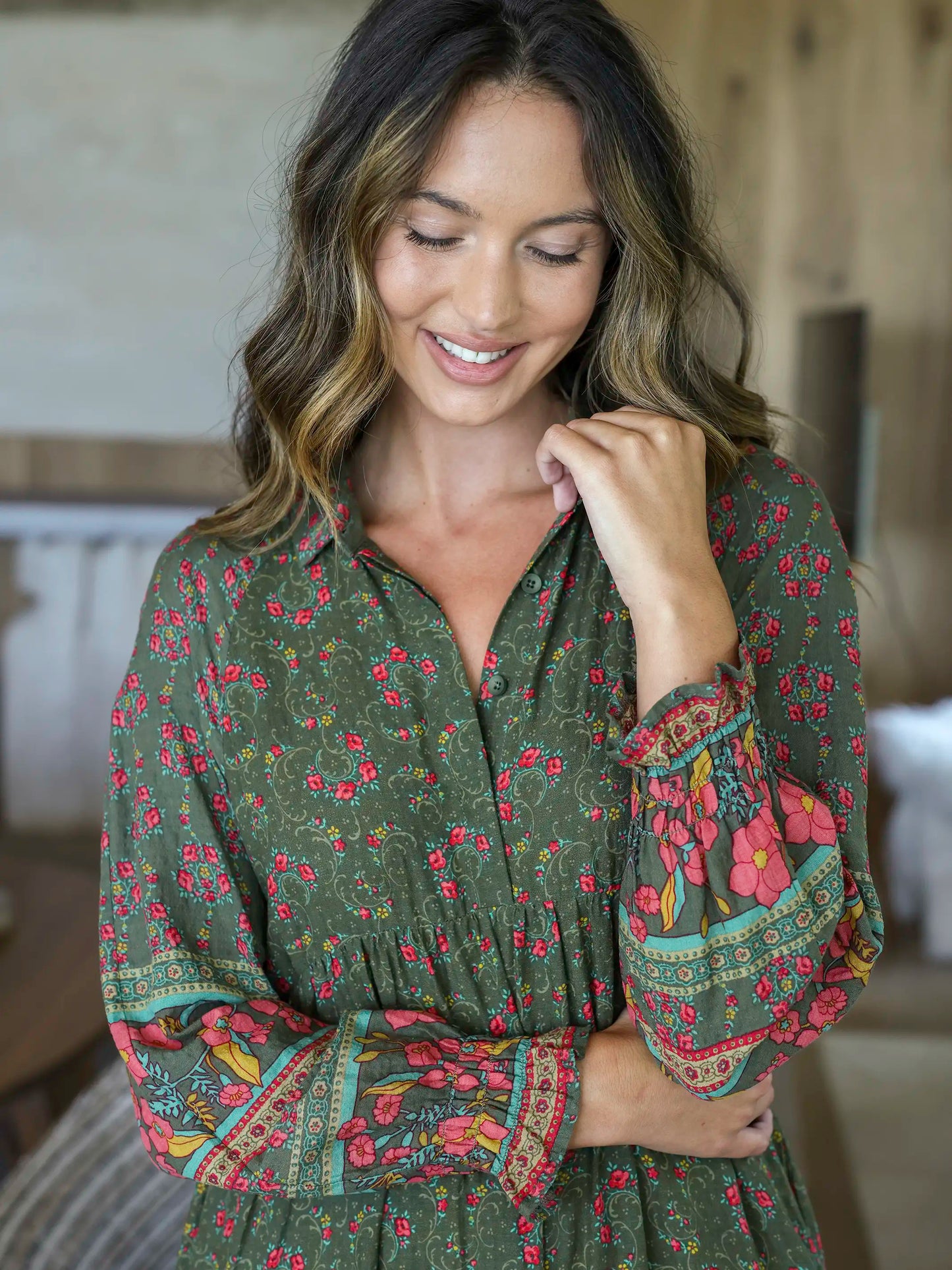 Rebecca Long Sleeve Midi Dress - Filigree Border Olive