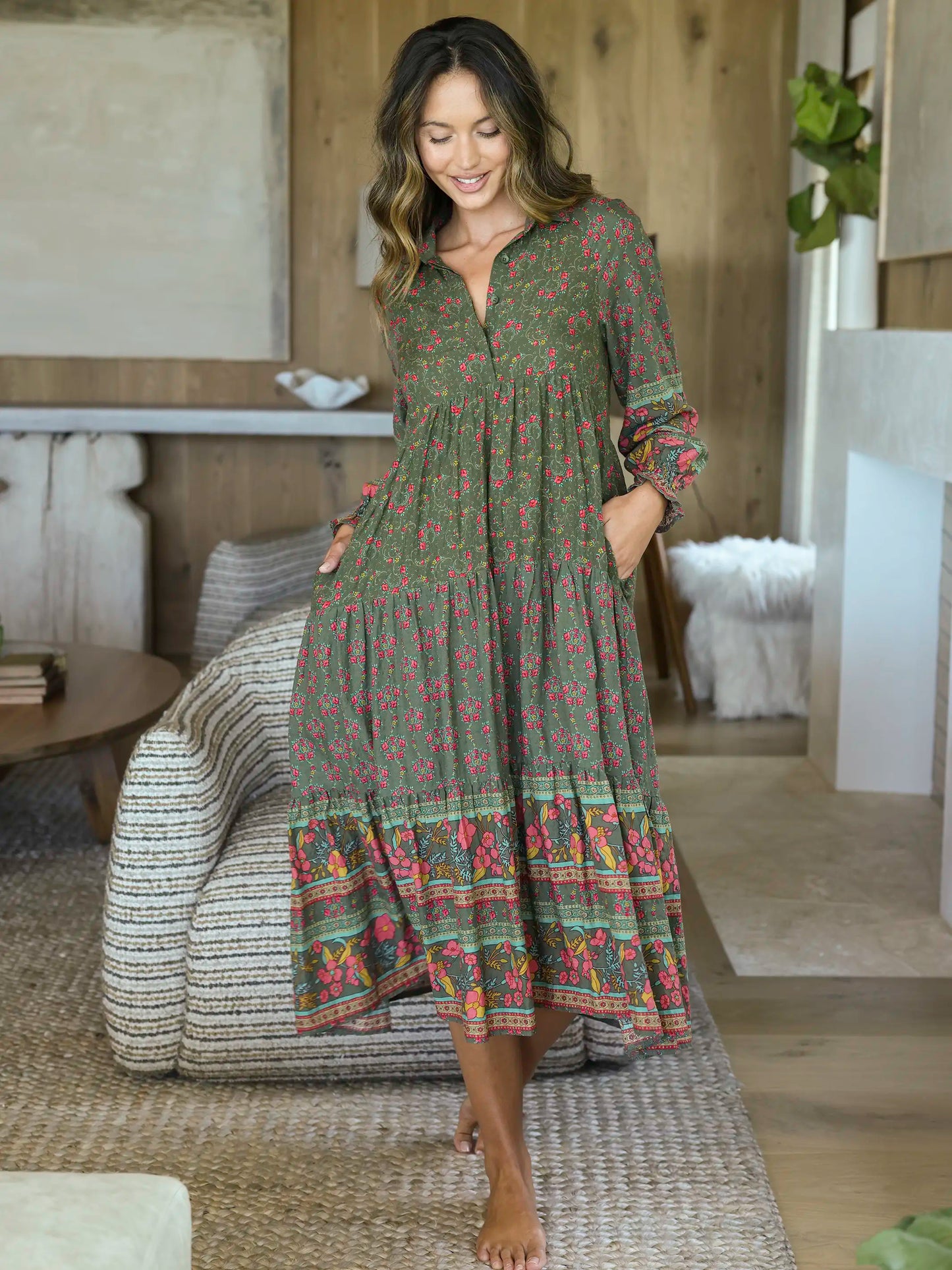 Rebecca Long Sleeve Midi Dress - Filigree Border Olive