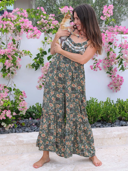 Harley Embroidered Jumpsuit - Green Sunflower Butterflies